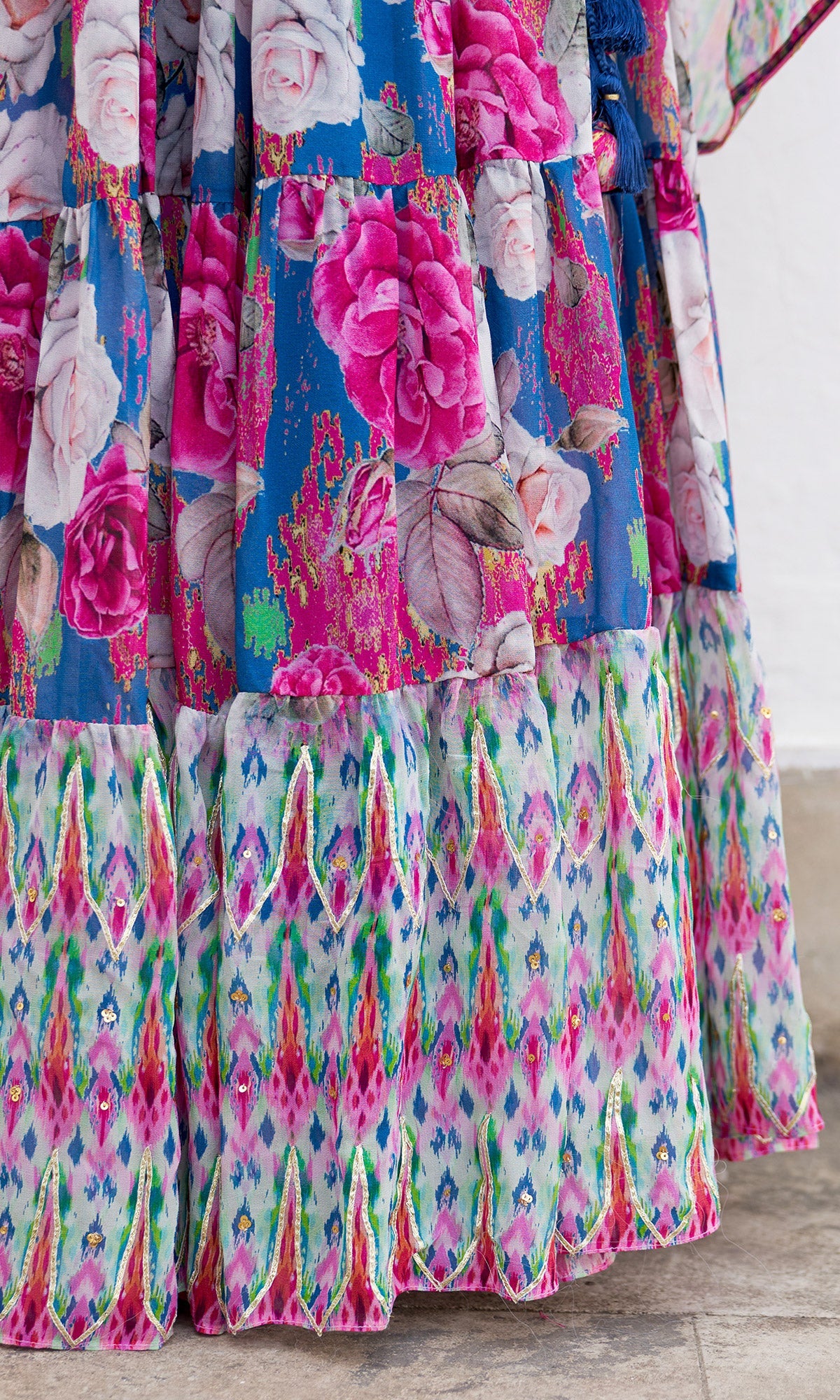 Gulafsha Ikat Border Floral Blue Lehenga With Blouse And Dupatta( Set Of 3)