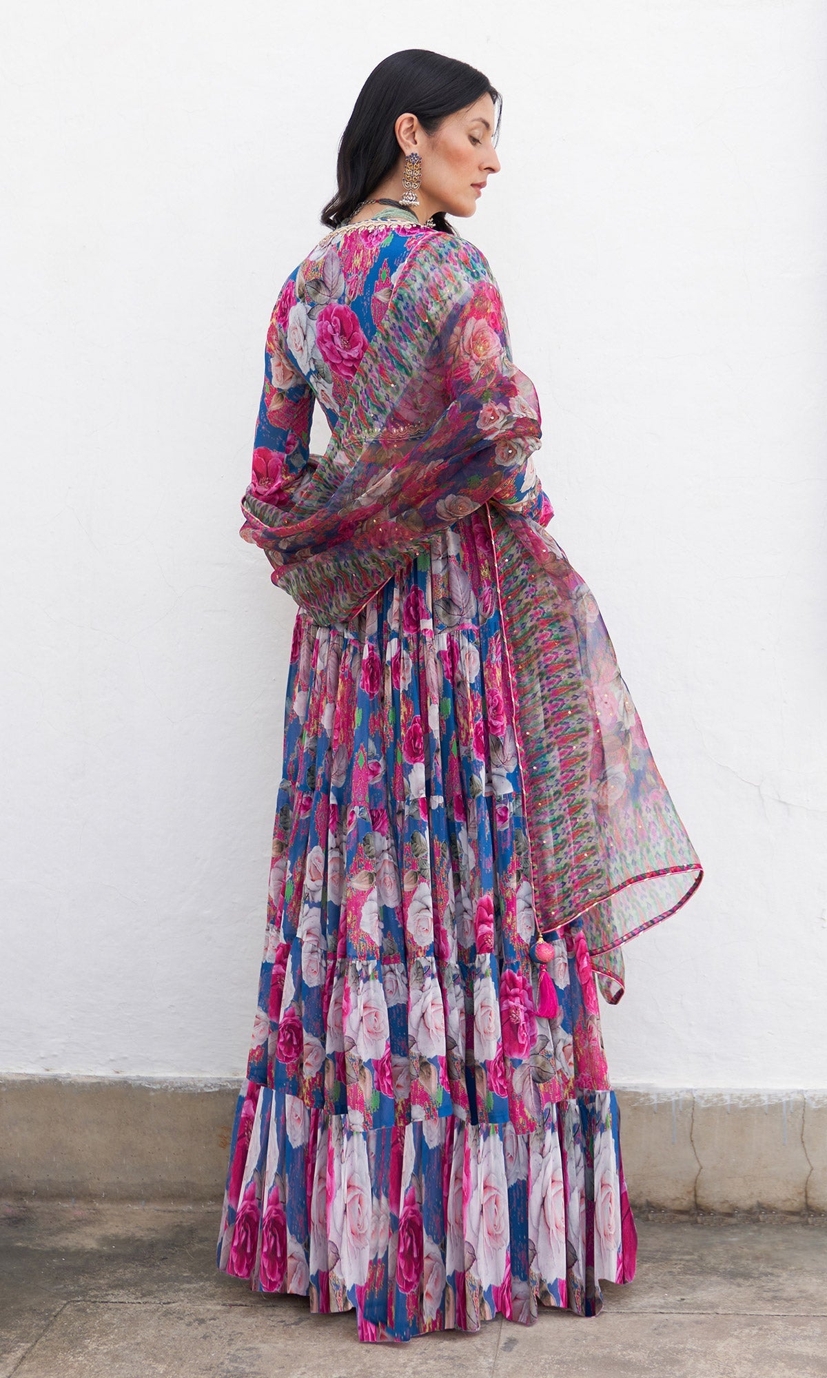 Gulafsha Ikat Floral Blue Lehenga With Blouse And Dupatta (Set Of 3)