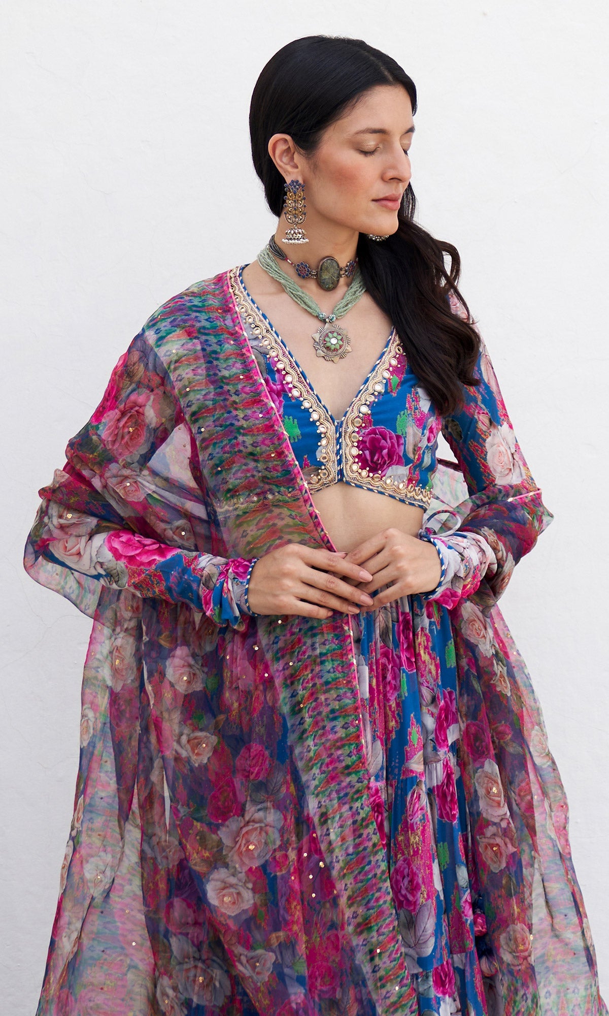 Gulafsha Ikat Border Floral Blue Lehenga With Blouse And Dupatta( Set Of 3)