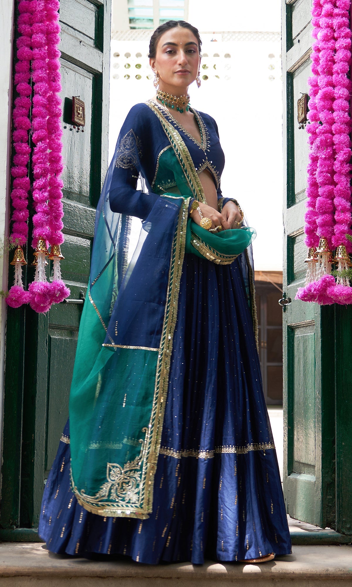 Jhilmil Mukaish Blue Lehenga With Blouse And Dupatta Set Of 3
