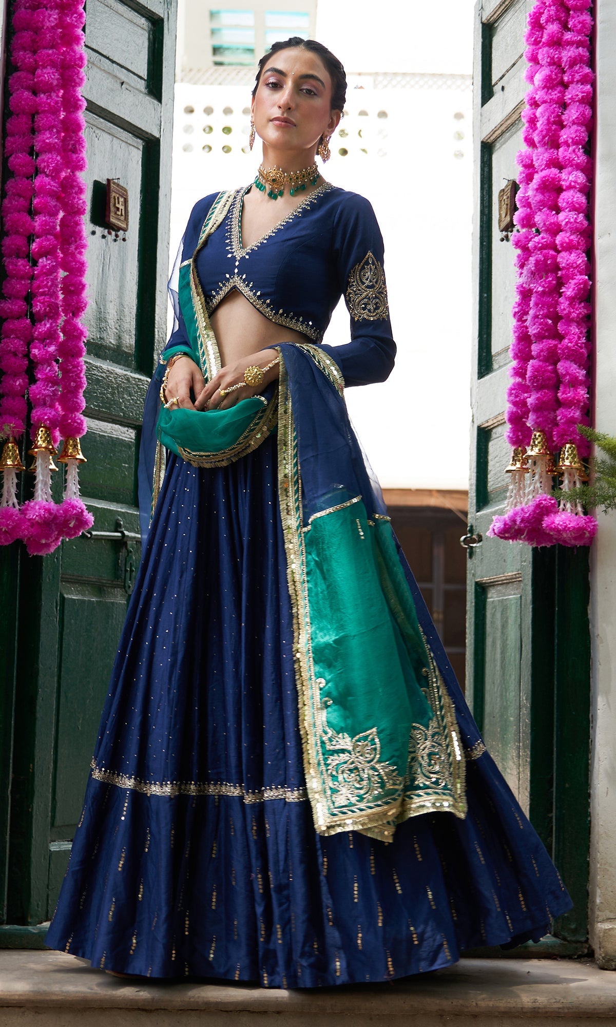 Jhilmil Mukaish Blue Lehenga With Blouse And Dupatta Set Of 3