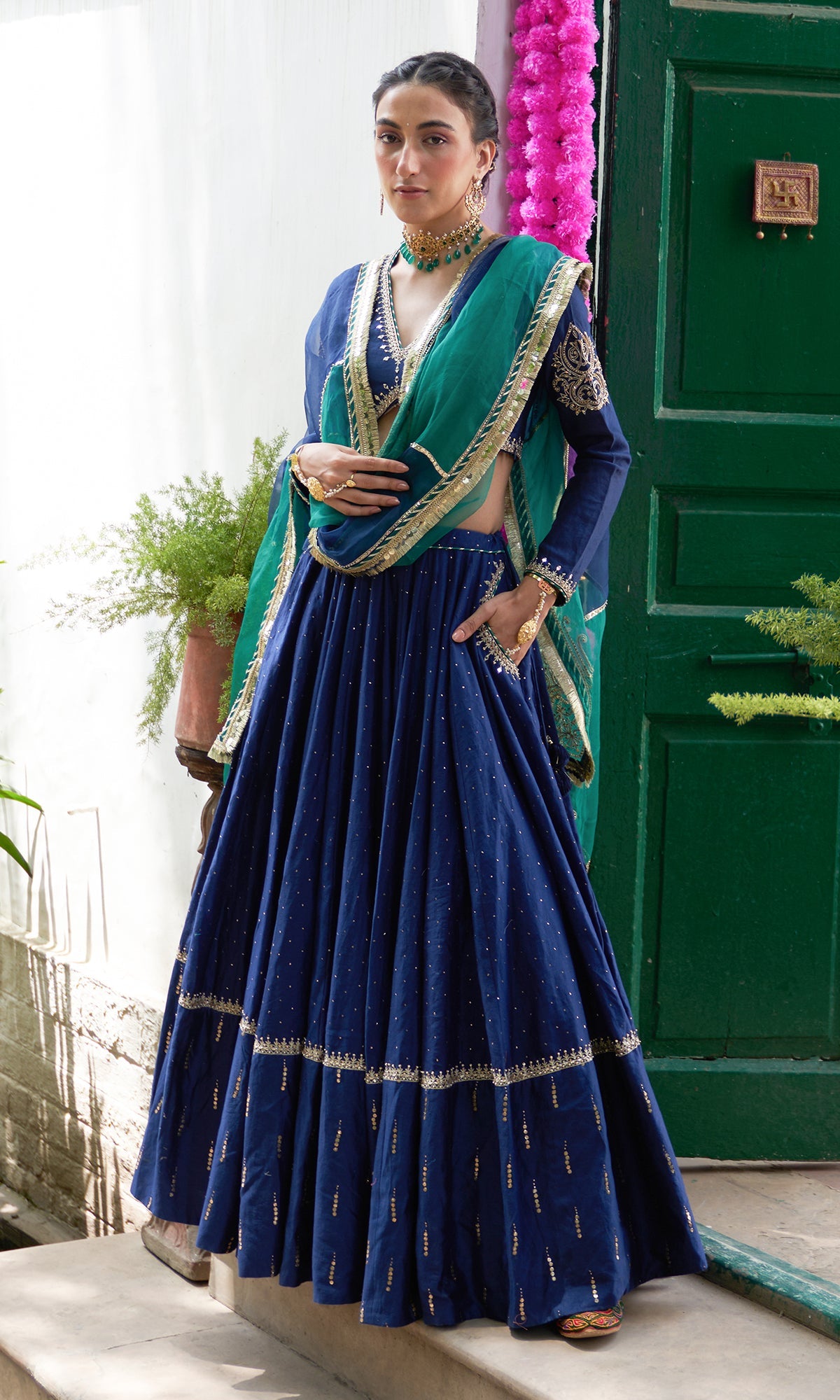 Jhilmil Mukaish Blue Lehenga With Blouse And Dupatta Set Of 3