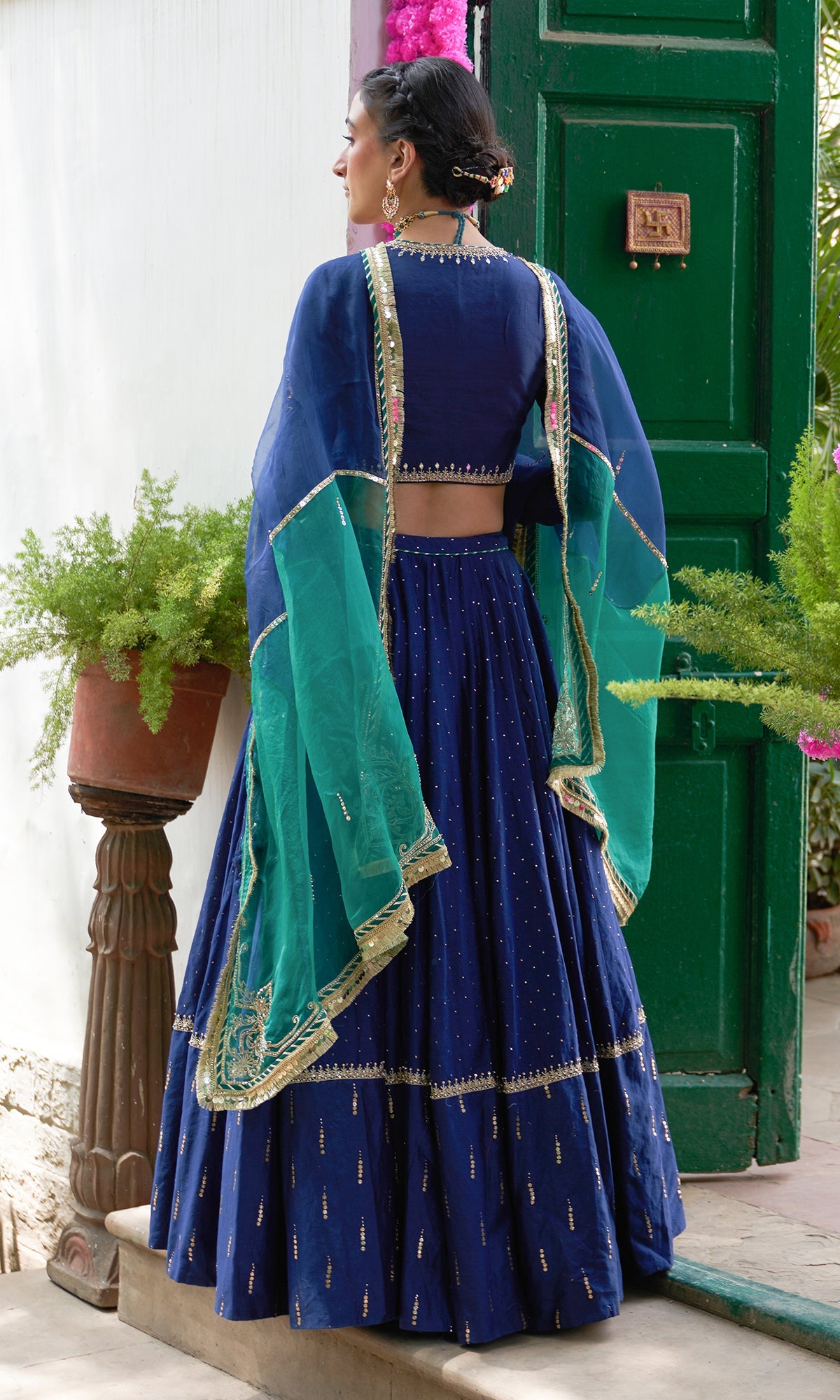 Jhilmil Mukaish Blue Lehenga With Blouse And Dupatta Set Of 3