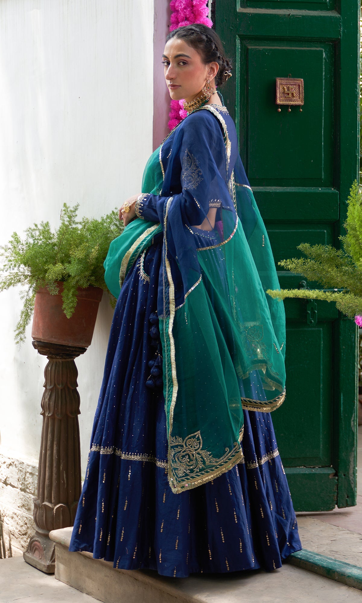 Jhilmil Mukaish Blue Lehenga With Blouse And Dupatta Set Of 3