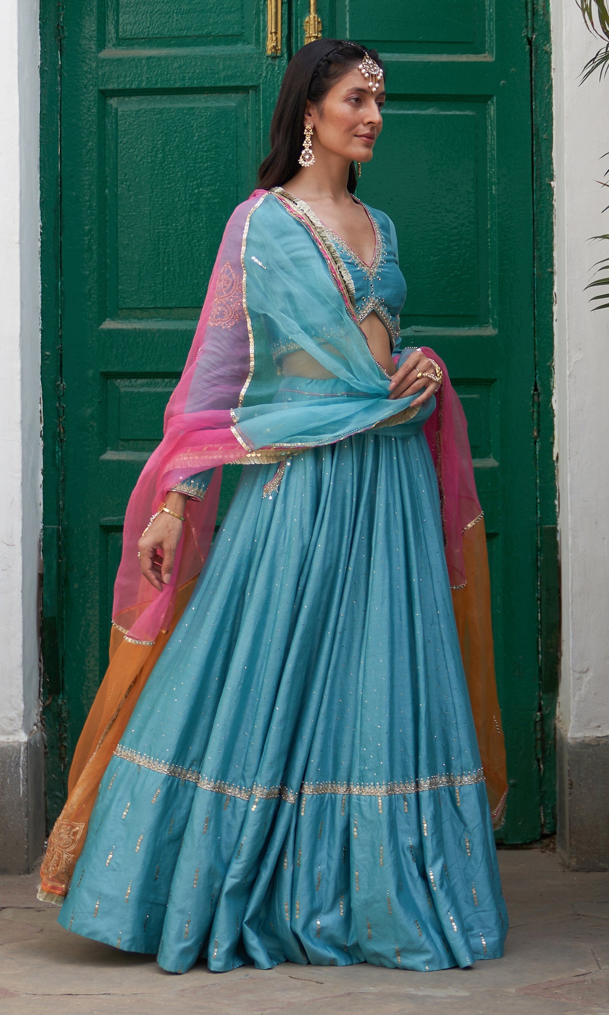 Jhilmil Mukaish Turquoise Lehenga With Blouse And Dupatta Set Of 3