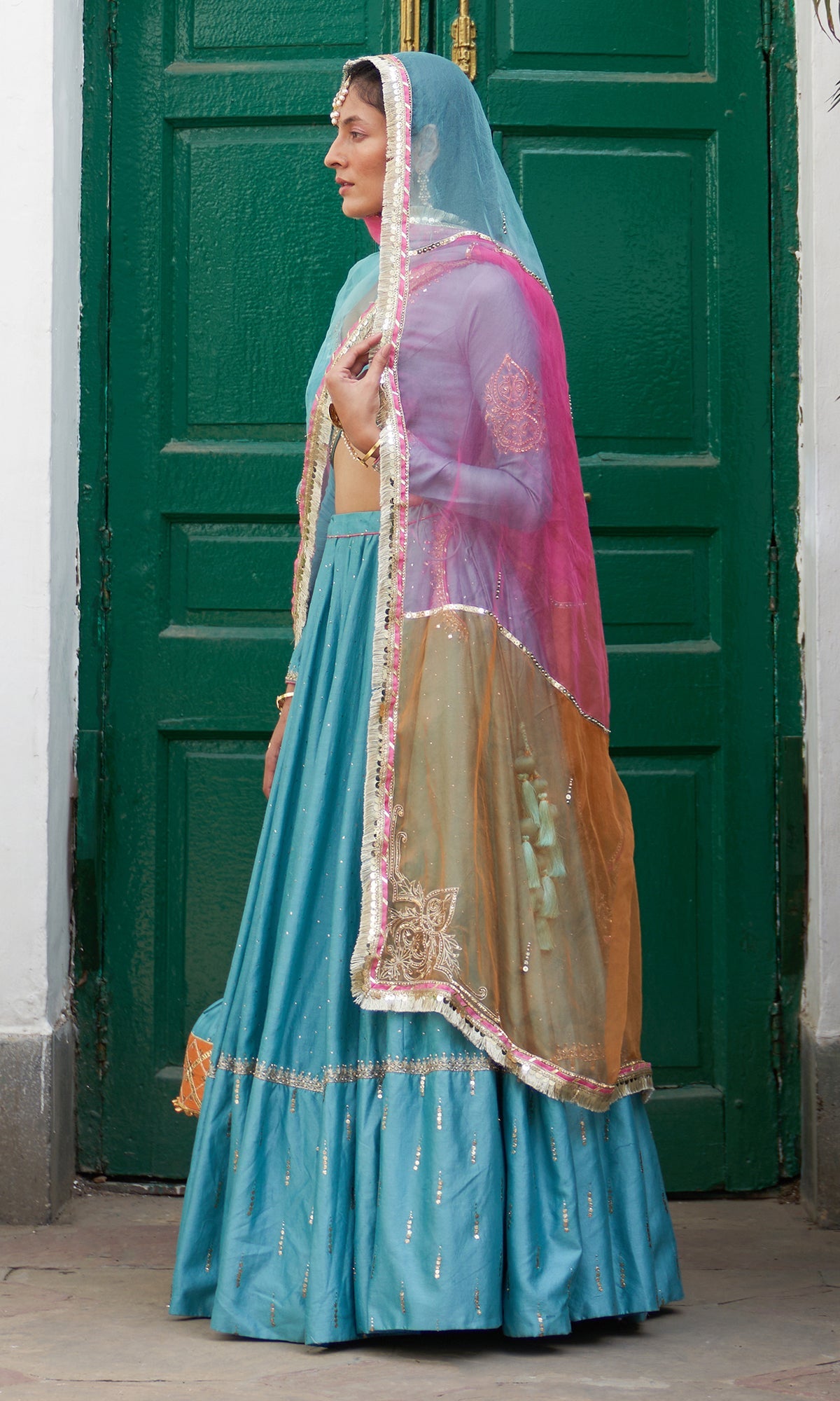 Jhilmil Mukaish Turquoise Lehenga With Blouse And Dupatta Set Of 3