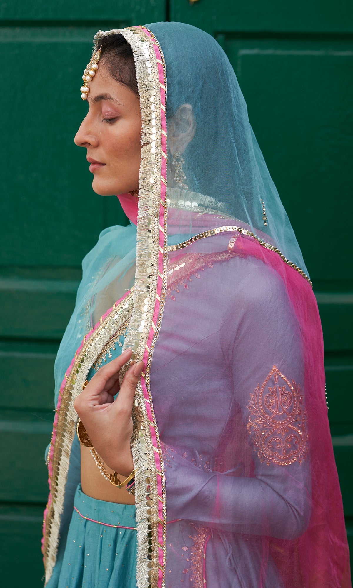 Jhilmil Mukaish Turquoise Lehenga With Blouse And Dupatta Set Of 3