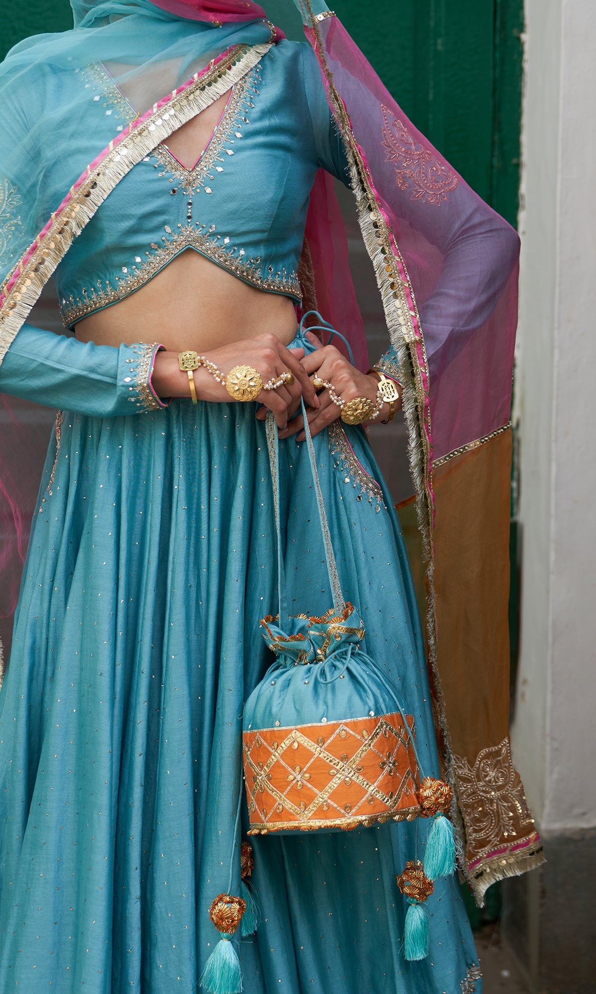 Jhilmil Mukaish Turquoise Lehenga With Blouse And Dupatta Set Of 3