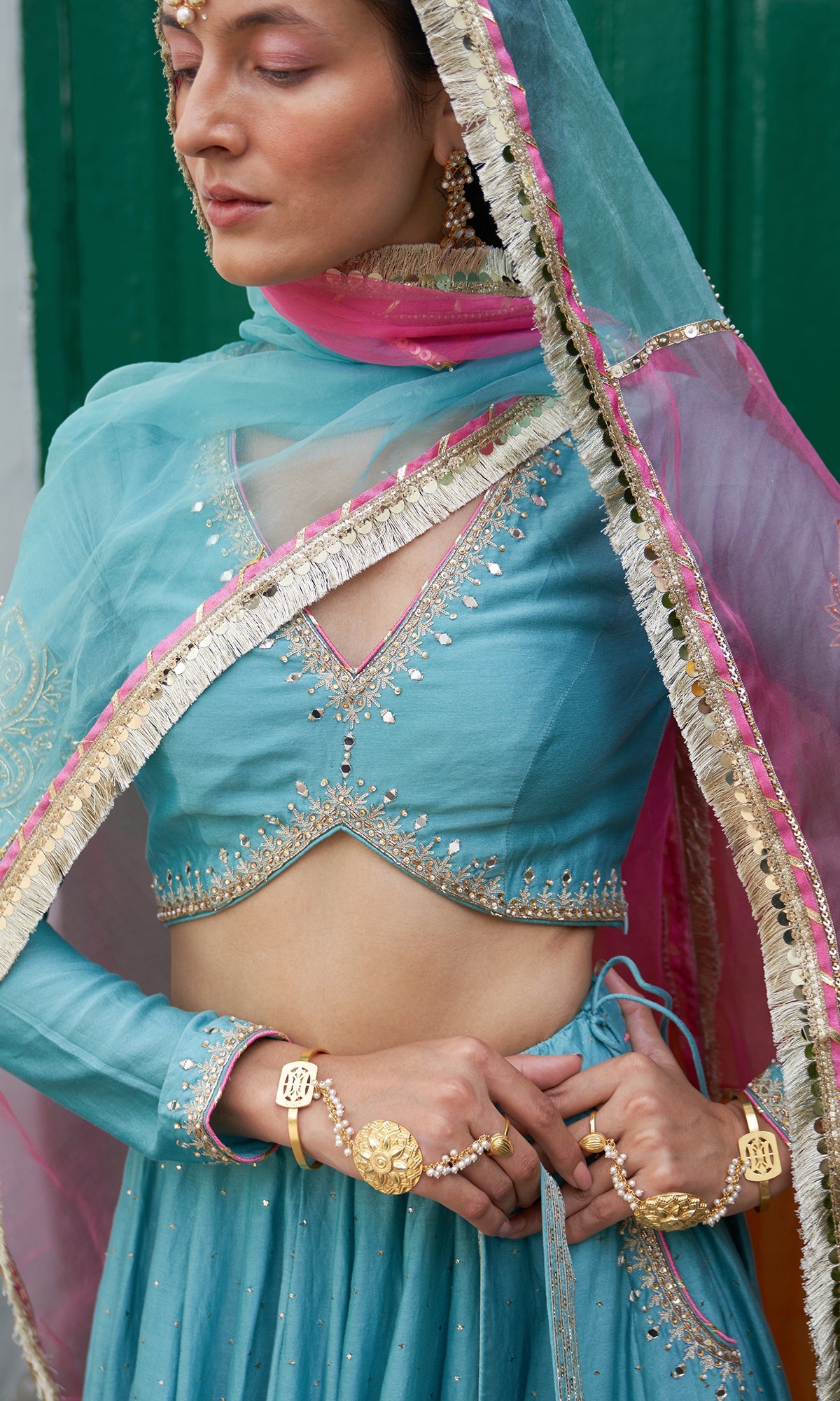 Jhilmil Mukaish Turquoise Lehenga With Blouse And Dupatta Set Of 3