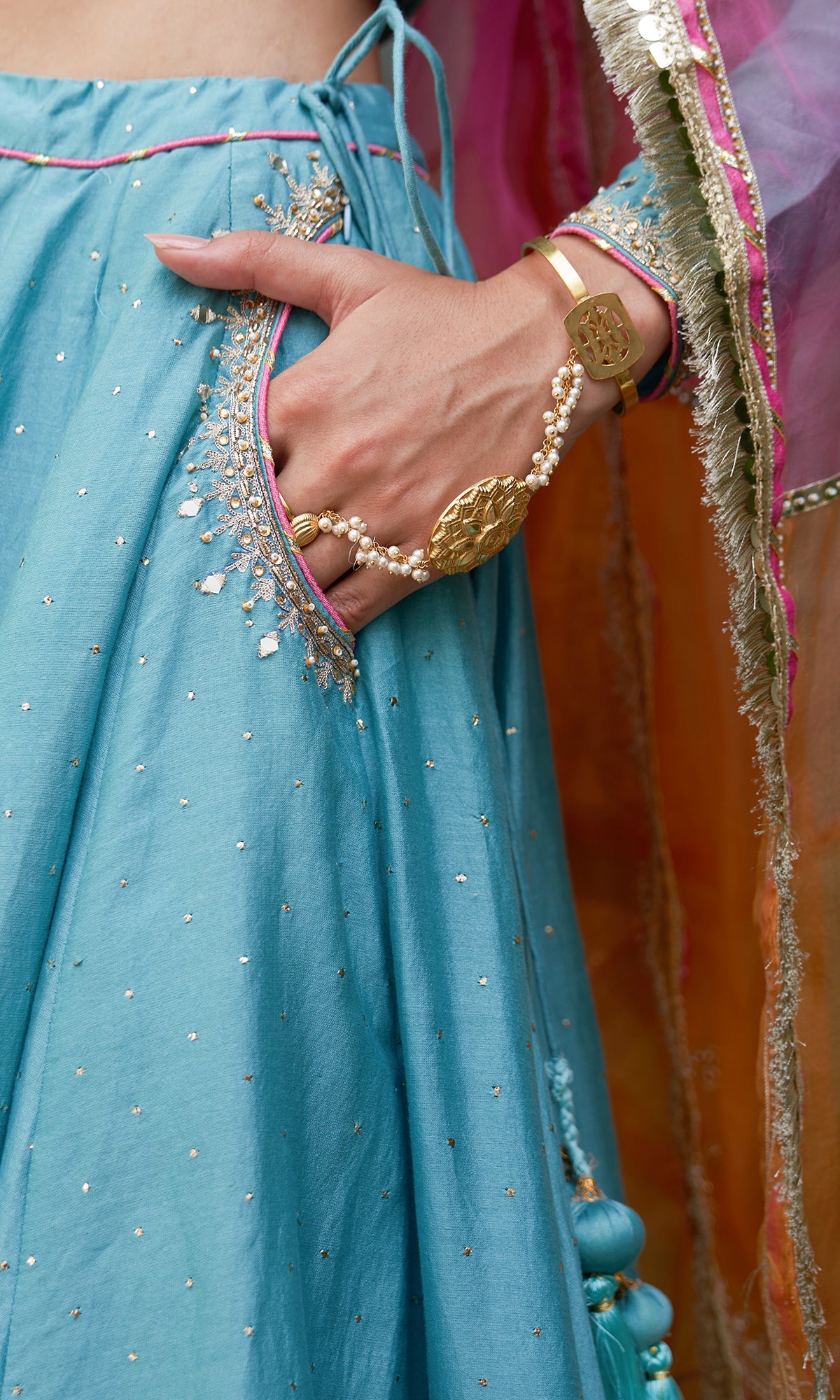 Jhilmil Mukaish Turquoise Lehenga With Blouse And Dupatta Set Of 3