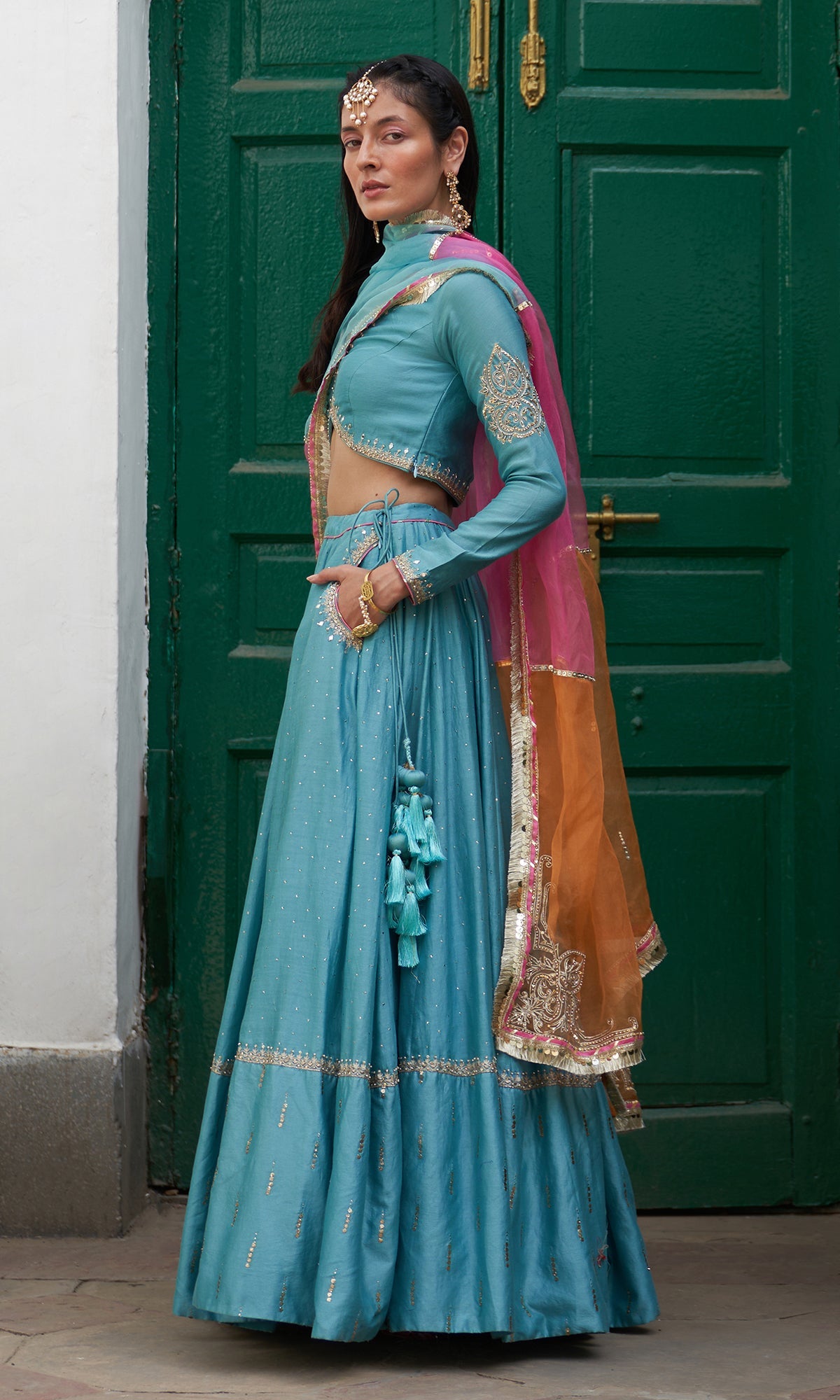 Jhilmil Mukaish Turquoise Lehenga With Blouse And Dupatta Set Of 3