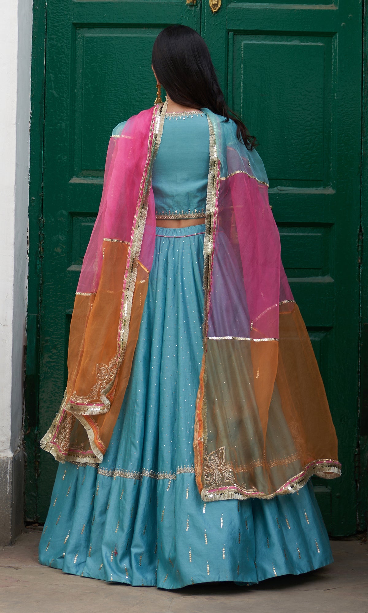 Jhilmil Mukaish Turquoise Lehenga With Blouse And Dupatta Set Of 3