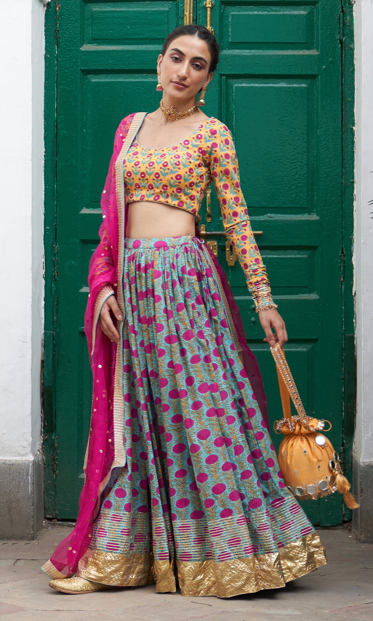 Jhilmil Block Printed Mustard-turquoise Lehenga With Blouse And Dupatta Set Of 3