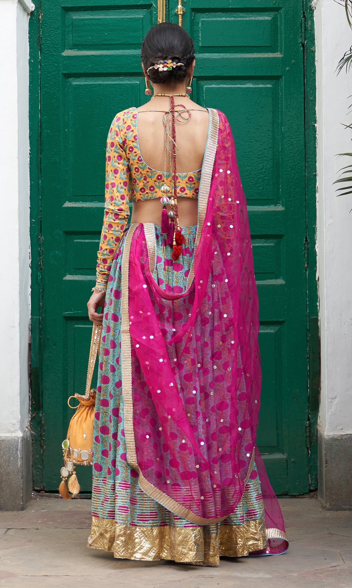 Jhilmil Block Printed Mustard-turquoise Lehenga With Blouse And Dupatta Set Of 3