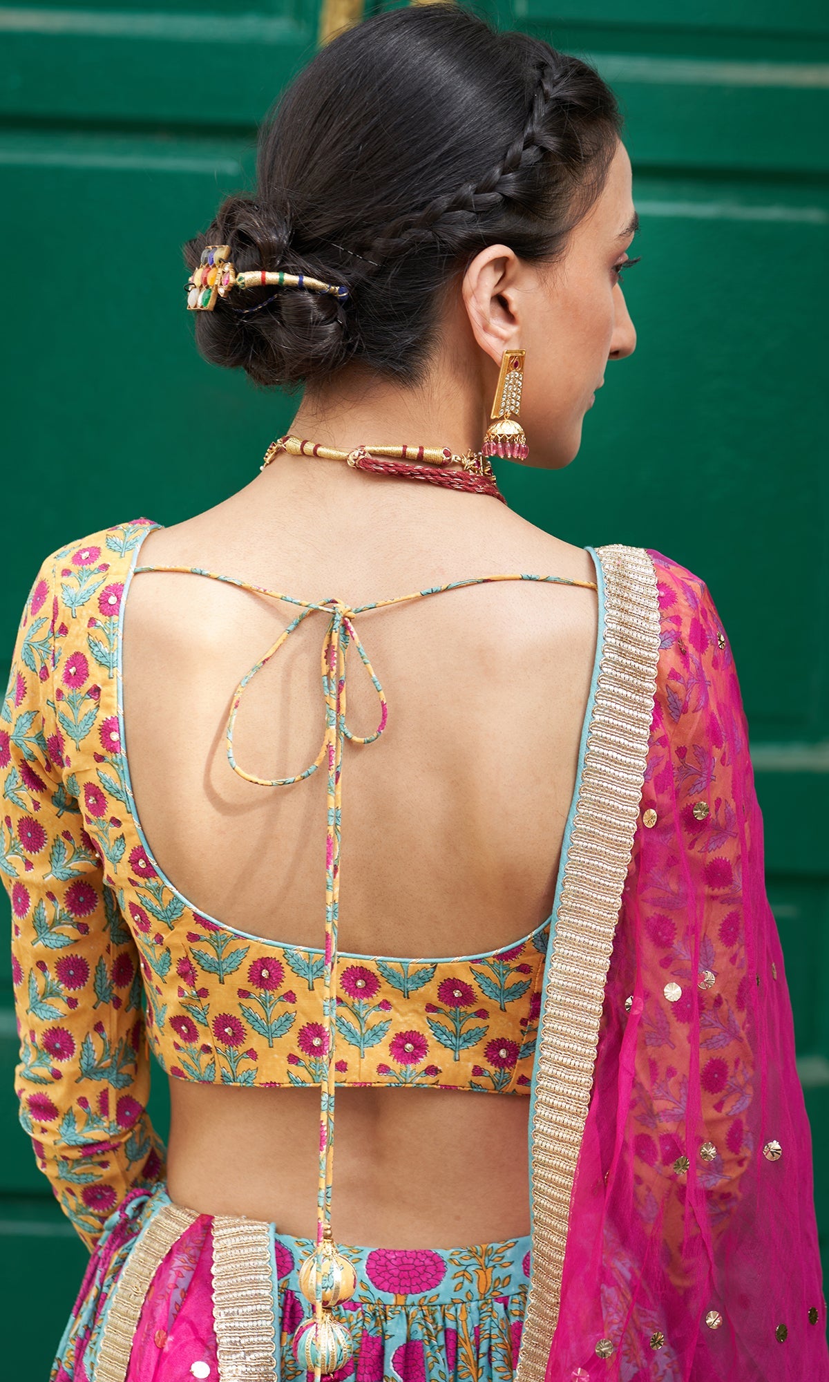 Jhilmil Block Printed Mustard-turquoise Lehenga With Blouse And Dupatta Set Of 3