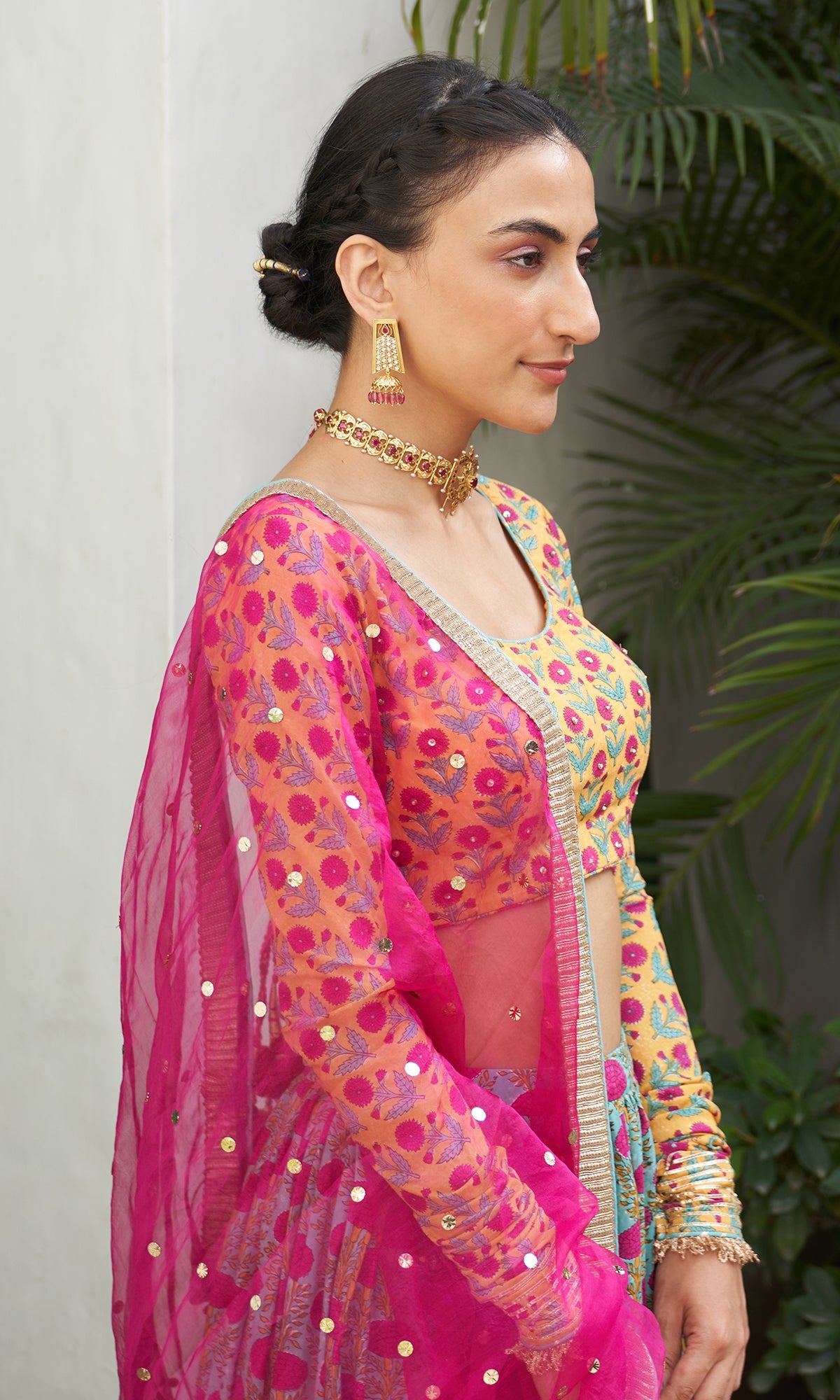 Jhilmil Block Printed Mustard-turquoise Lehenga With Blouse And Dupatta Set Of 3