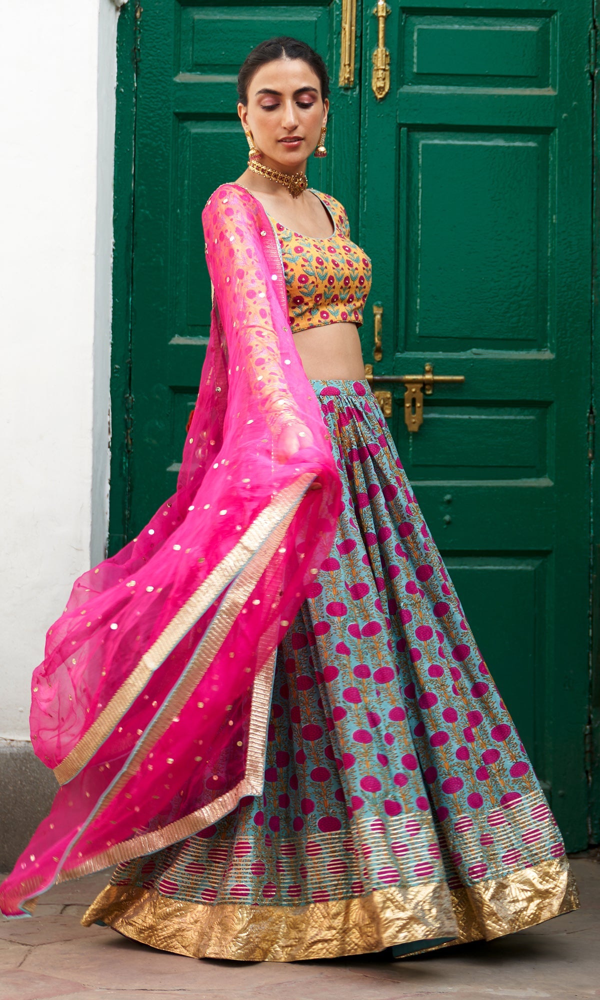 Jhilmil Block Printed Mustard-turquoise Lehenga With Blouse And Dupatta Set Of 3