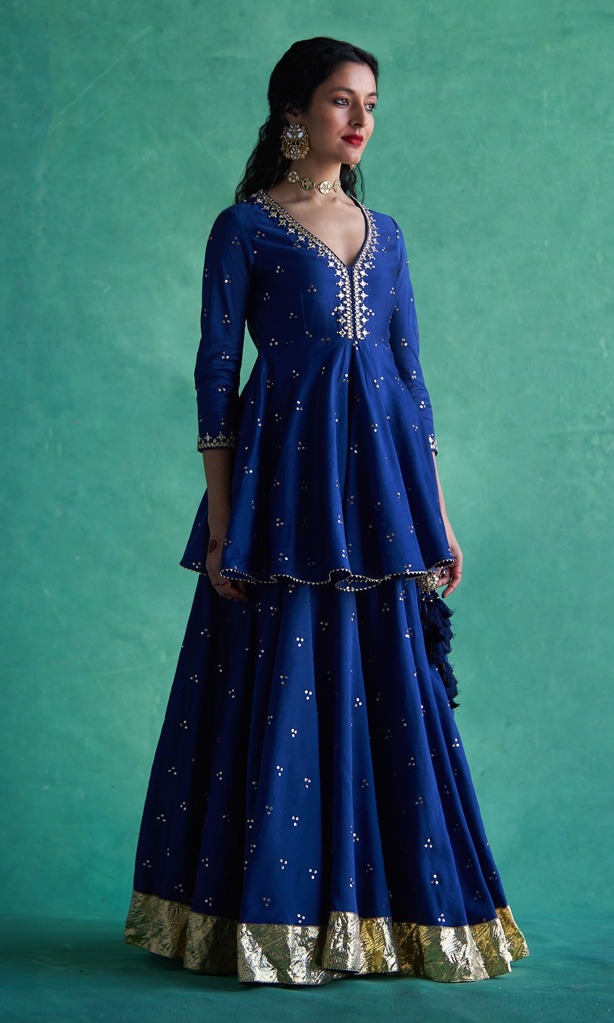 Haseena Blue Mukaish Chanderi Lehenga With Kurti And Organza Dupatta - Set Of 3