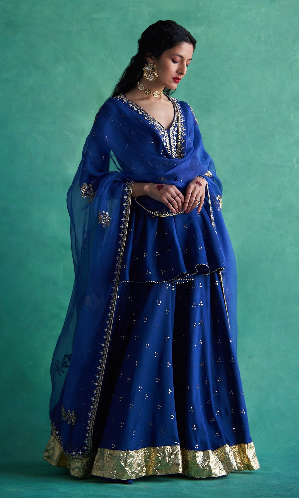 Haseena Blue Mukaish Chanderi Lehenga With Kurti And Organza Dupatta - Set Of 3