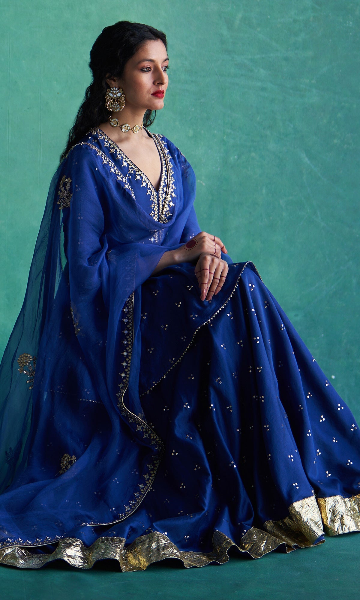 Haseena Blue Mukaish Chanderi Lehenga With Kurti And Organza Dupatta - Set Of 3