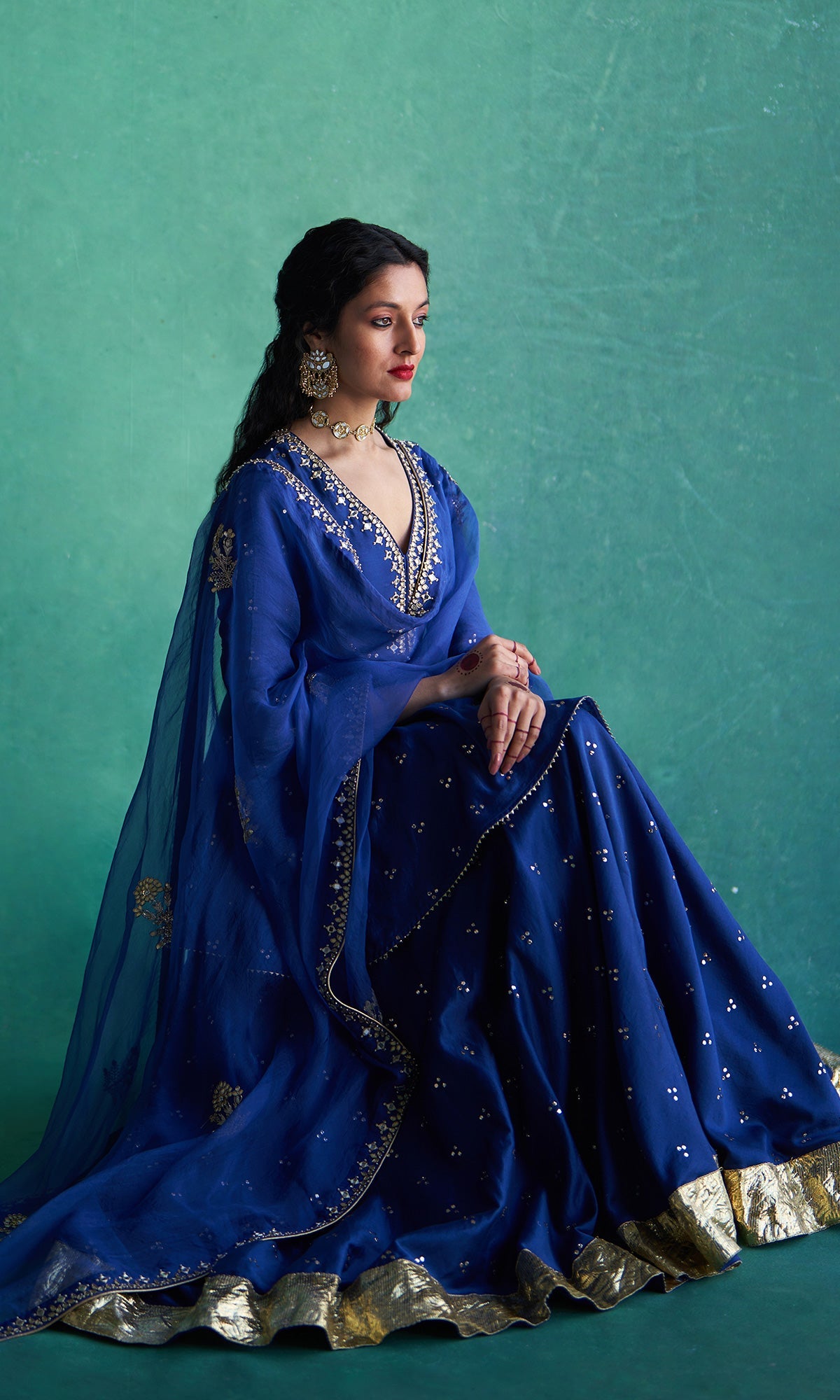 Haseena Blue Mukaish Chanderi Lehenga With Kurti And Organza Dupatta - Set Of 3