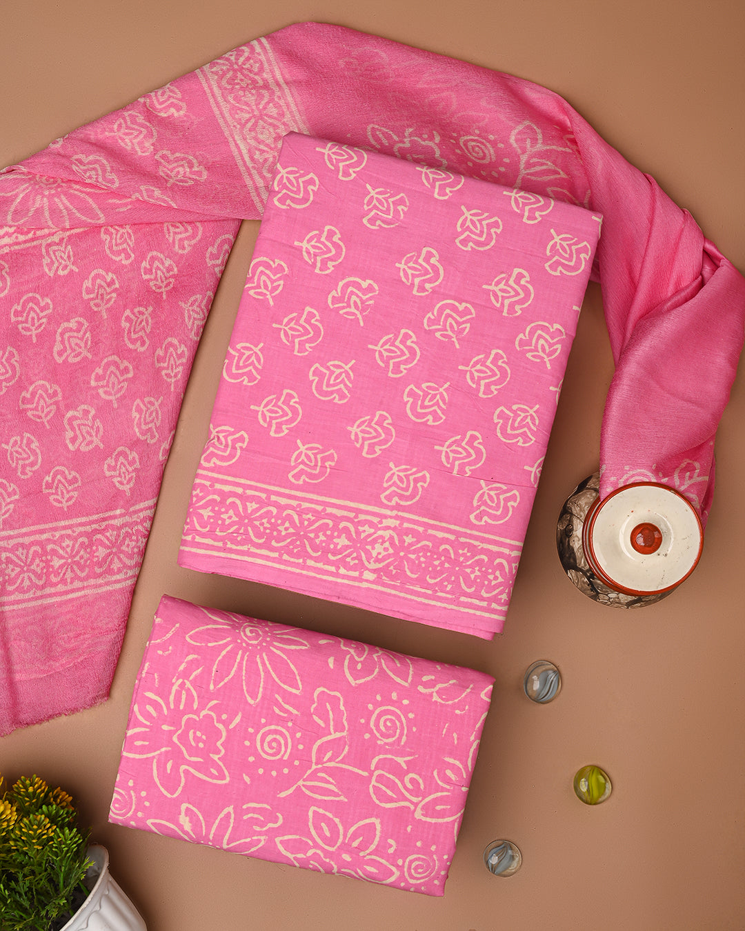 New Pink Discharge Printed Cotton Suit With Chiffon Dupatta (CFCOTCH24)