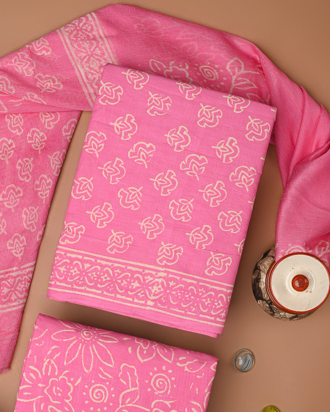 New Pink Discharge Printed Cotton Suit With Chiffon Dupatta (CFCOTCH24)