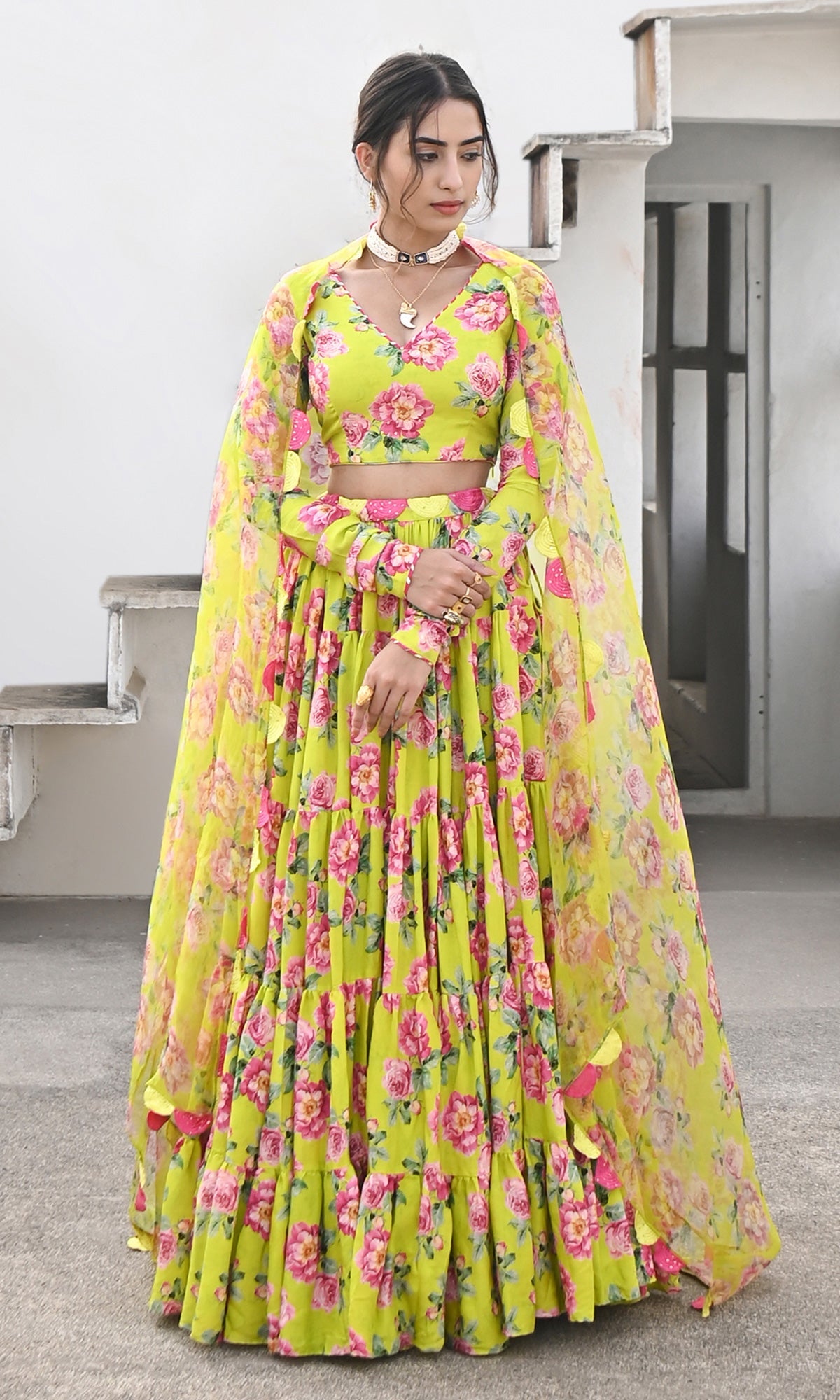 Falak Vol. 2 Neon Green Chooridar Sleeves Floral Blouse with Lehenga and Dupatta - Set of 3