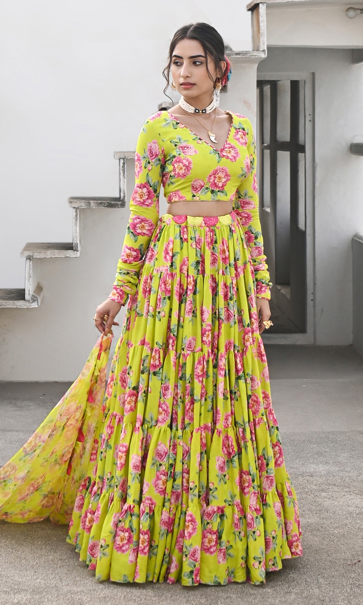 Falak Vol. 2 Neon Green Chooridar Sleeves Floral Blouse with Lehenga and Dupatta - Set of 3