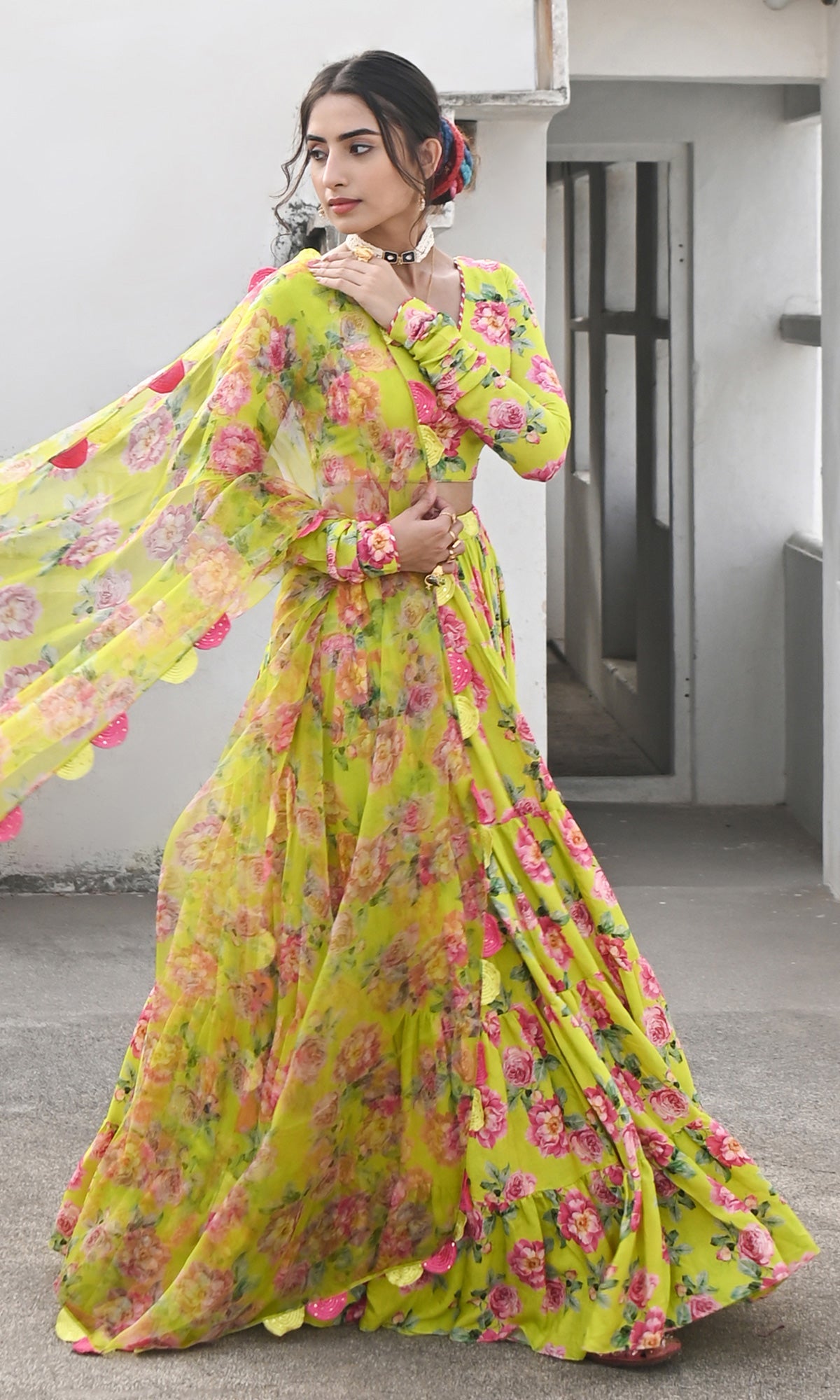 Falak Vol. 2 Neon Green Chooridar Sleeves Floral Blouse with Lehenga and Dupatta - Set of 3