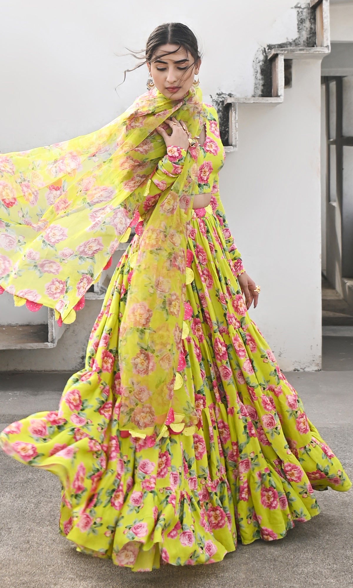 Falak Vol. 2 Neon Green Chooridar Sleeves Floral Blouse with Lehenga and Dupatta - Set of 3