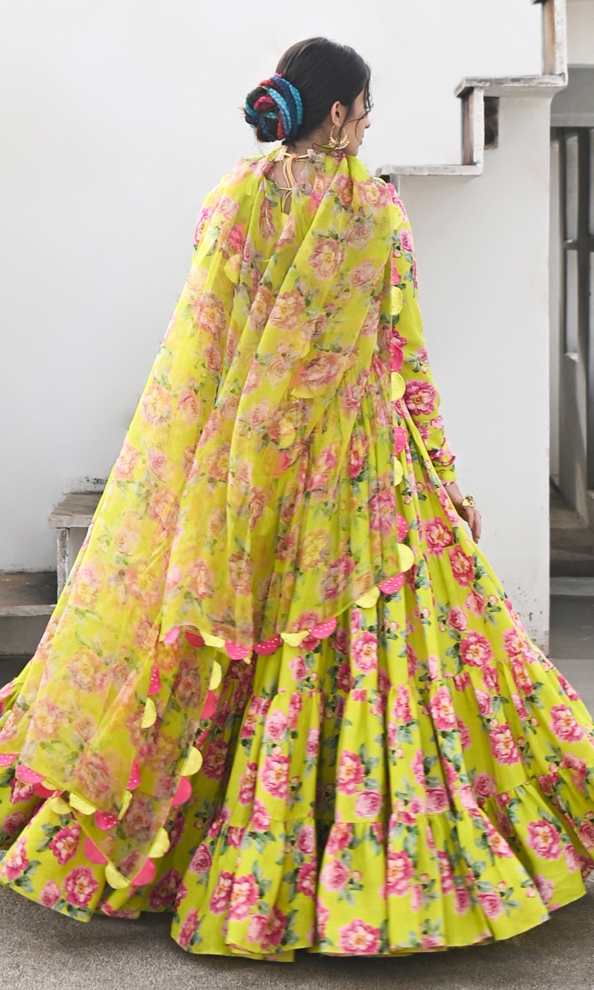 Falak Vol. 2 Neon Green Chooridar Sleeves Floral Blouse with Lehenga and Dupatta - Set of 3