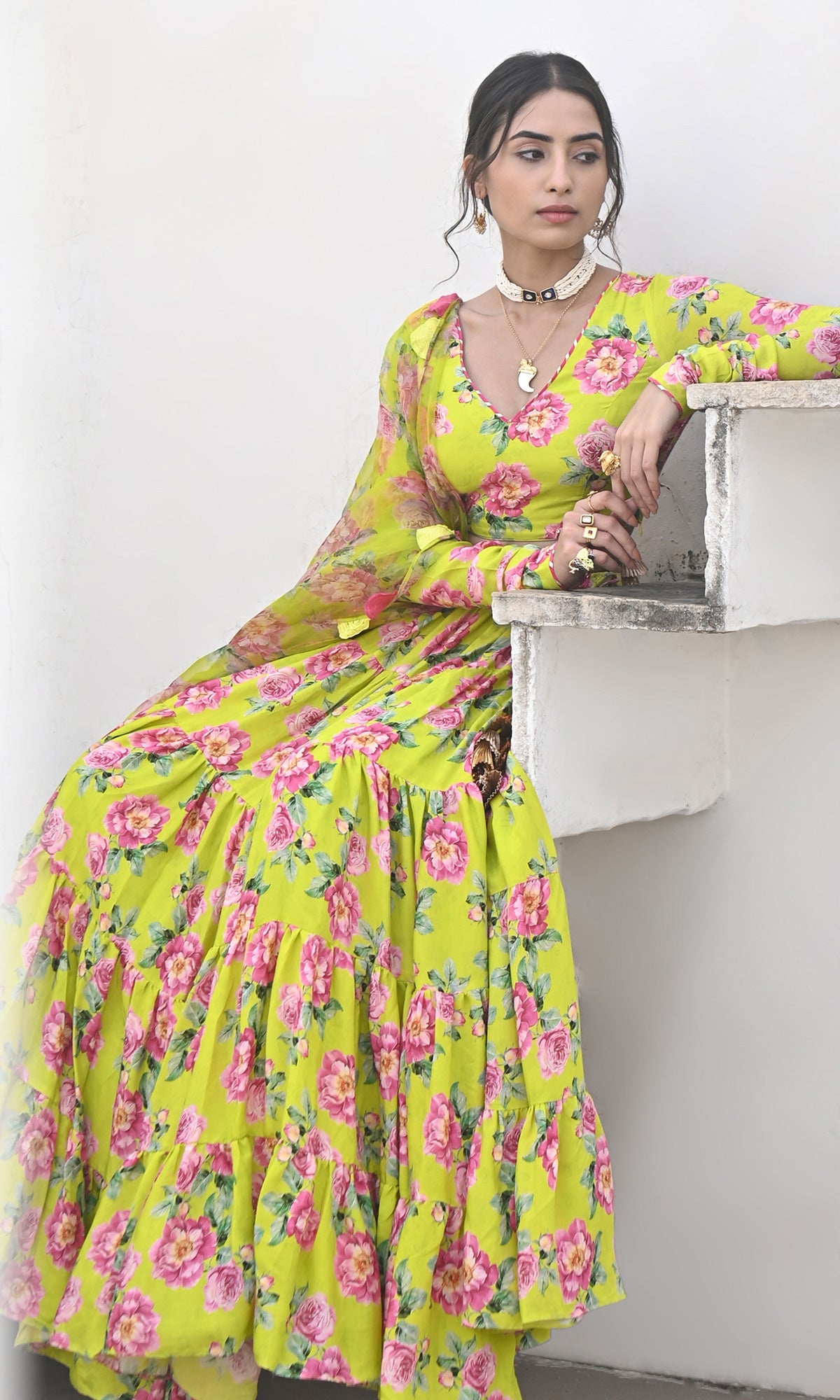 Falak Vol. 2 Neon Green Chooridar Sleeves Floral Blouse with Lehenga and Dupatta - Set of 3