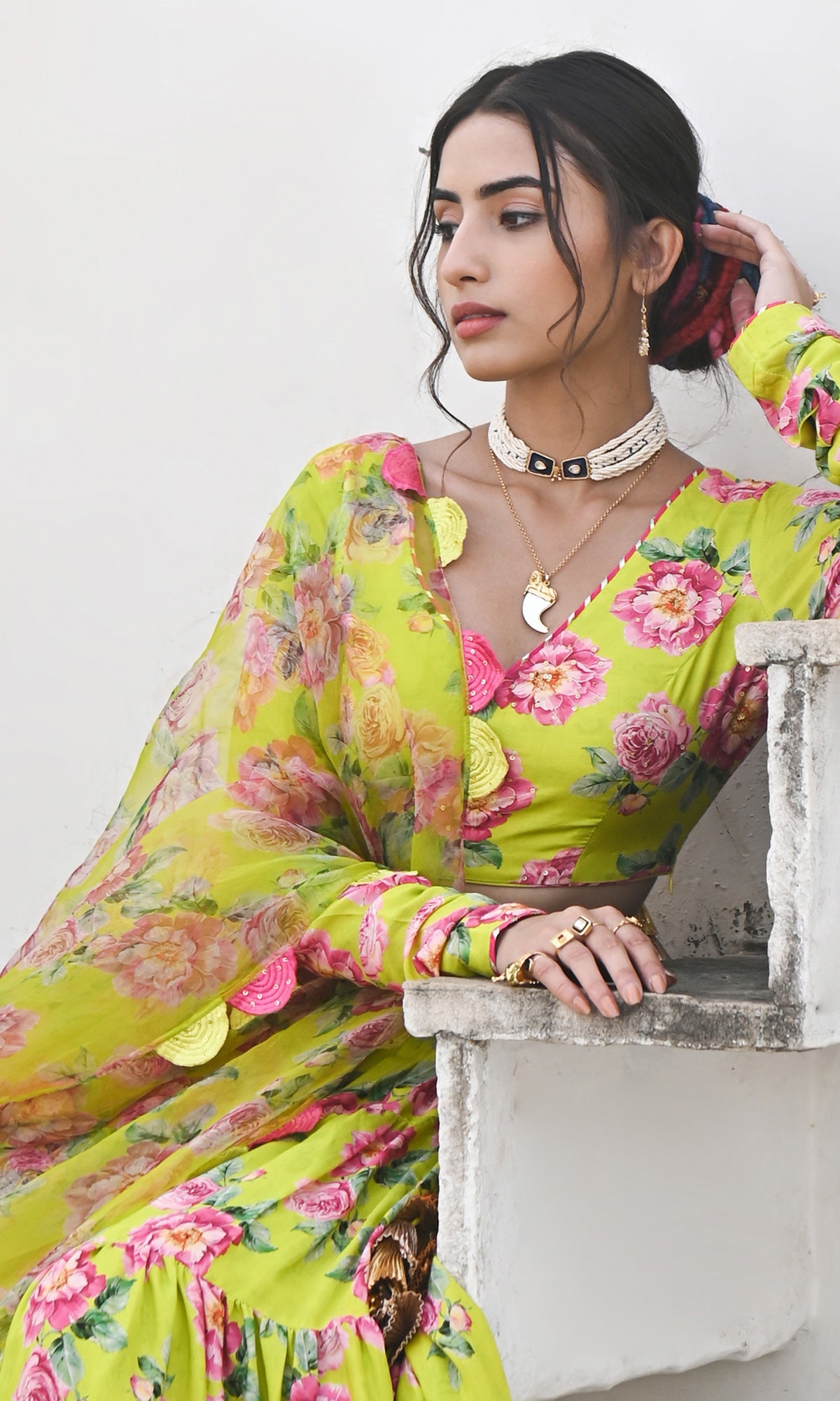 Falak Vol. 2 Neon Green Chooridar Sleeves Floral Blouse with Lehenga and Dupatta - Set of 3