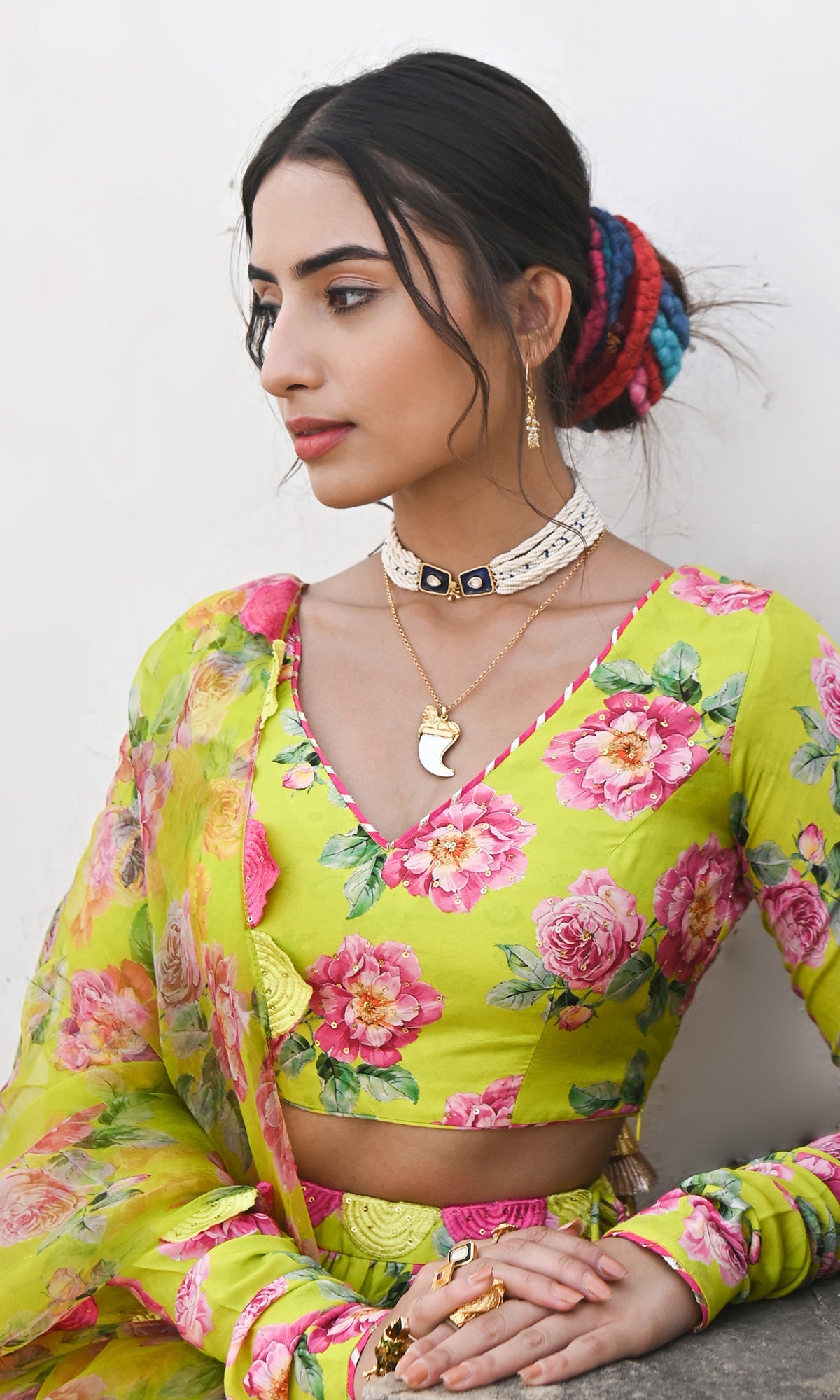 Falak Vol. 2 Neon Green Chooridar Sleeves Floral Blouse with Lehenga and Dupatta - Set of 3