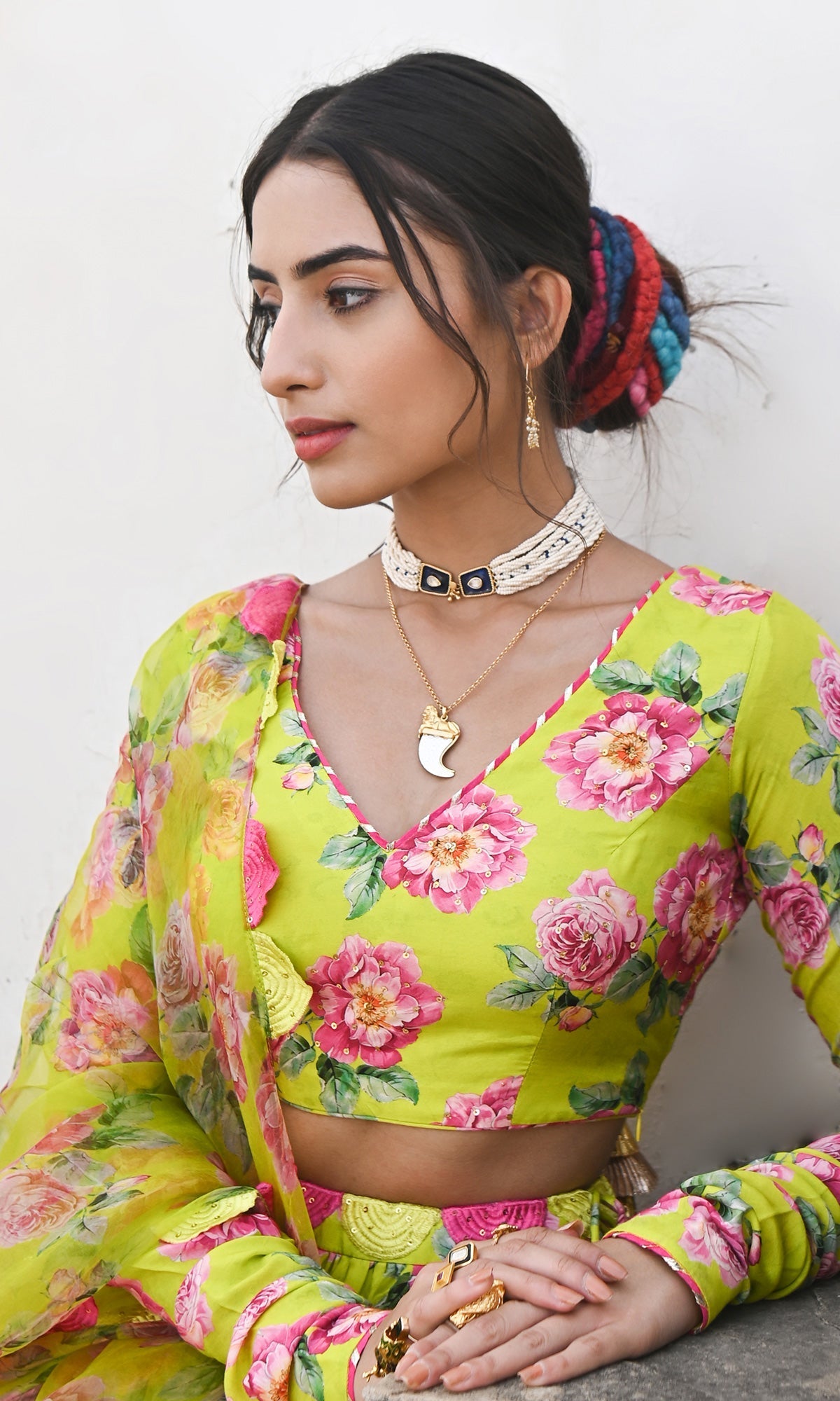 Sadia Khateeb in Falak Vol. 2 Neon Green Chooridar Sleeves Floral Blouse with Lehenga and Dupatta - Set of 3