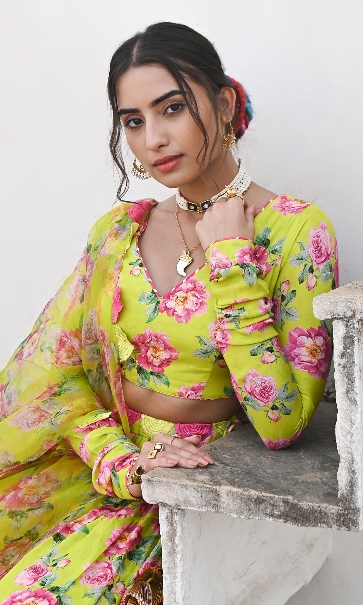 Falak Vol. 2 Neon Green Chooridar Sleeves Floral Blouse with Lehenga and Dupatta - Set of 3