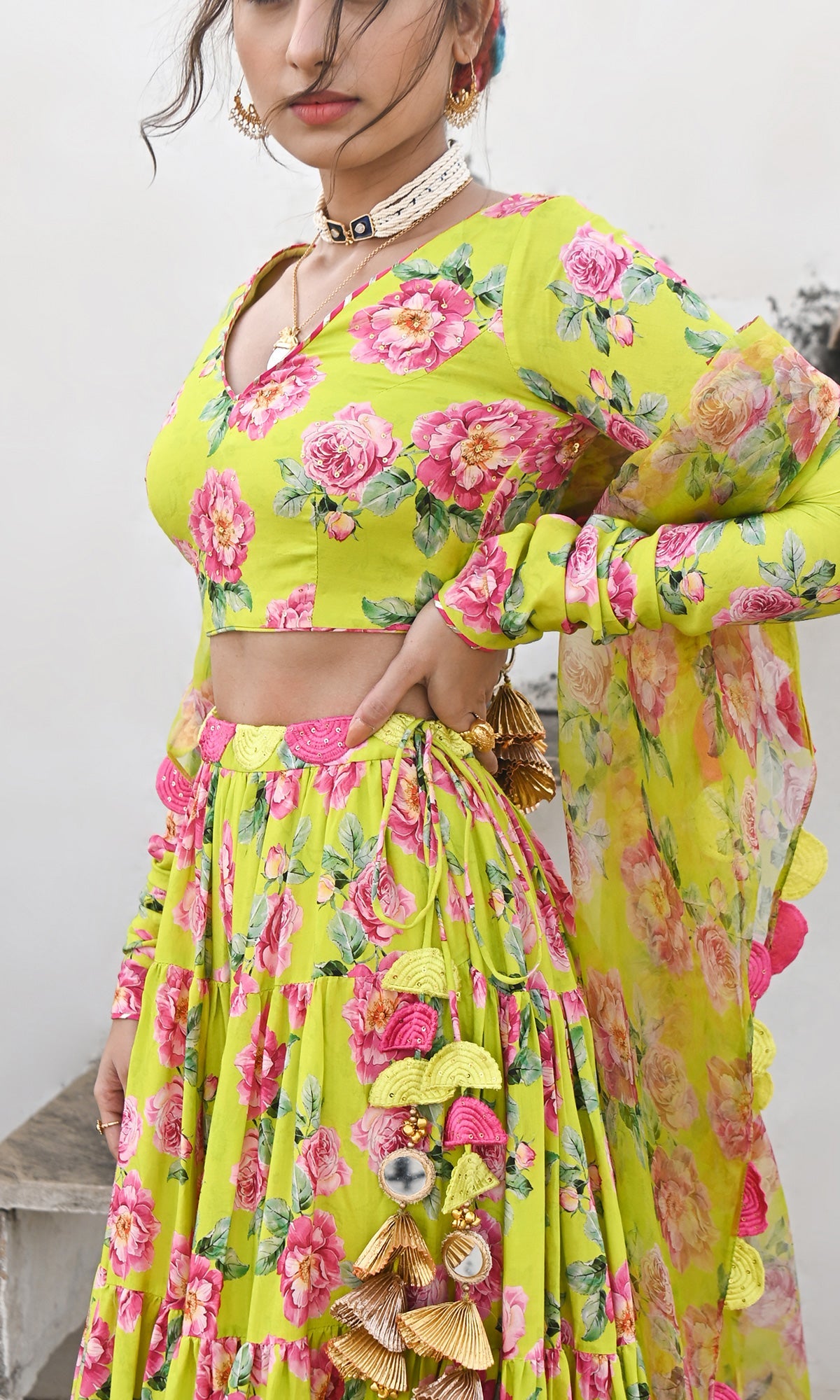 Falak Vol. 2 Neon Green Chooridar Sleeves Floral Blouse with Lehenga and Dupatta - Set of 3