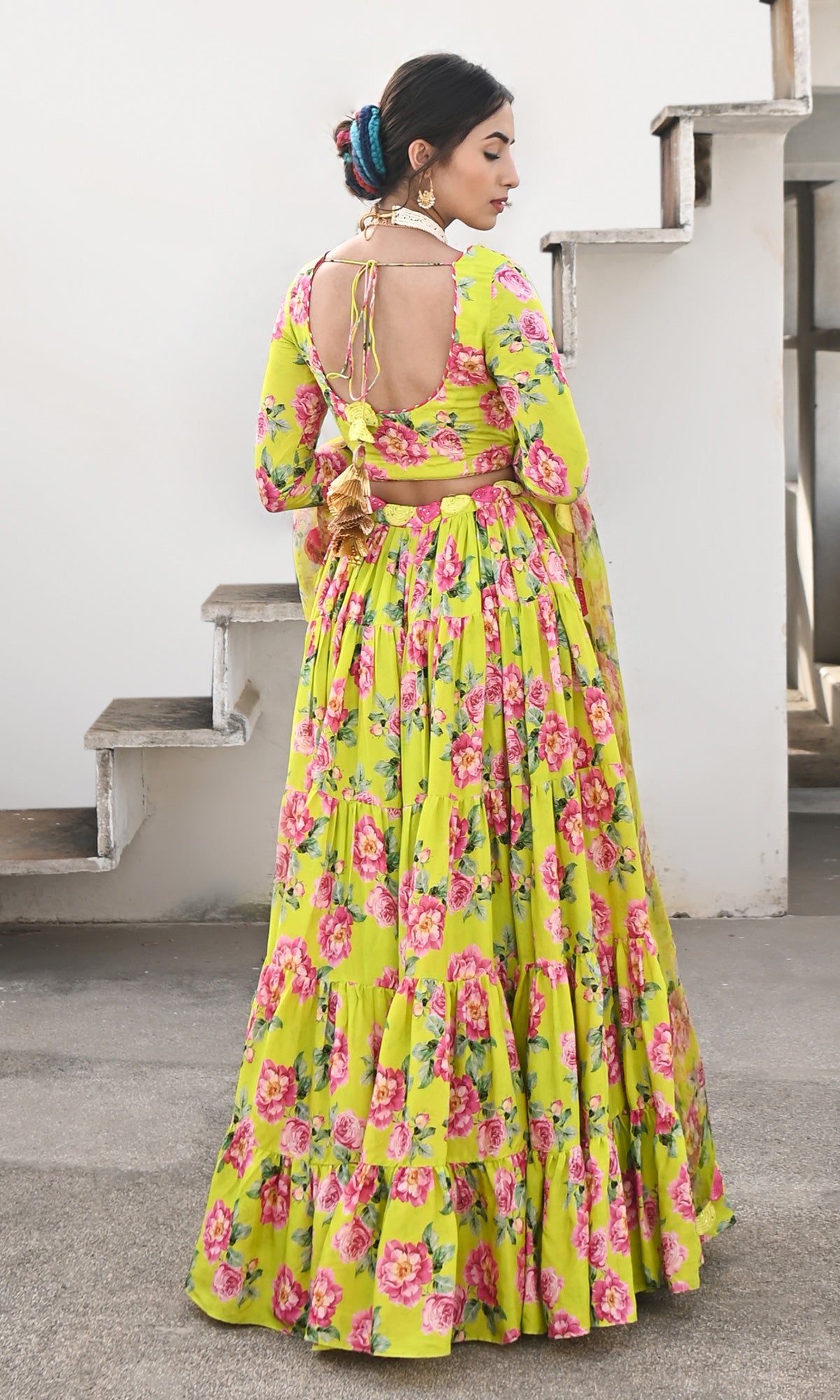 Falak Vol. 2 Neon Green Chooridar Sleeves Floral Blouse with Lehenga and Dupatta - Set of 3