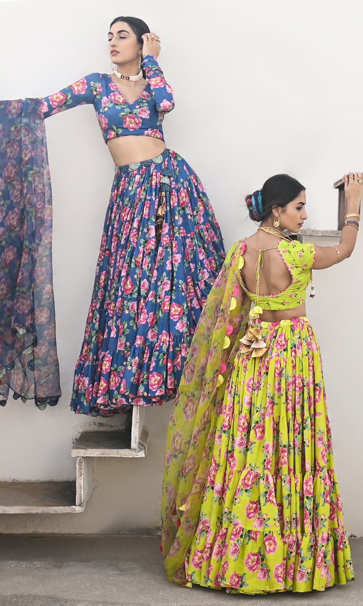 Falak Vol. 2 Neon Green Chooridar Sleeves Floral Blouse with Lehenga and Dupatta - Set of 3