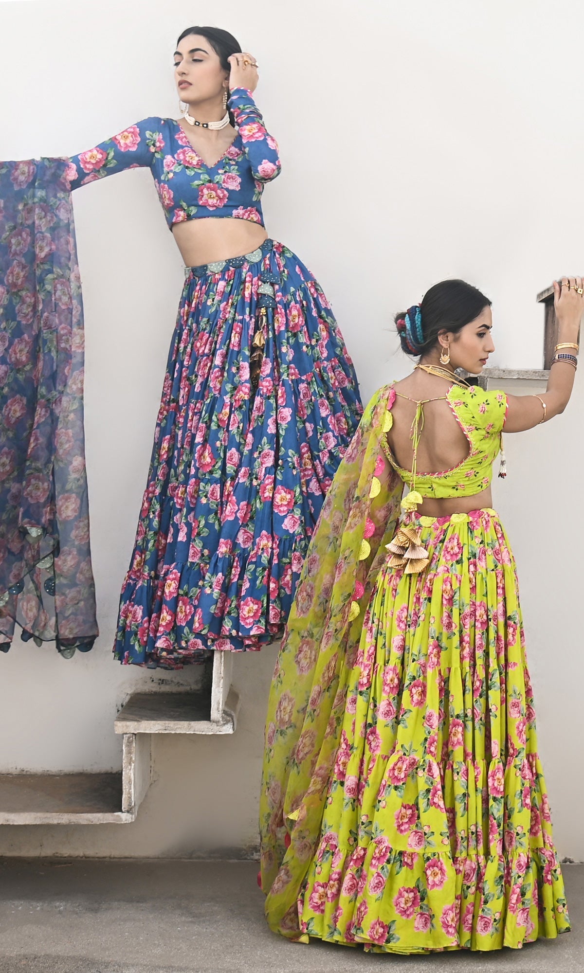 Sadia Khateeb in Falak Vol. 2 Neon Green Chooridar Sleeves Floral Blouse with Lehenga and Dupatta - Set of 3