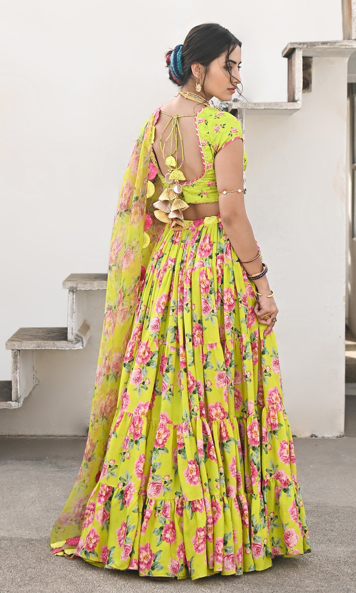 Falak Vol. 2 Neon Green Chooridar Sleeves Floral Blouse with Lehenga and Dupatta - Set of 3