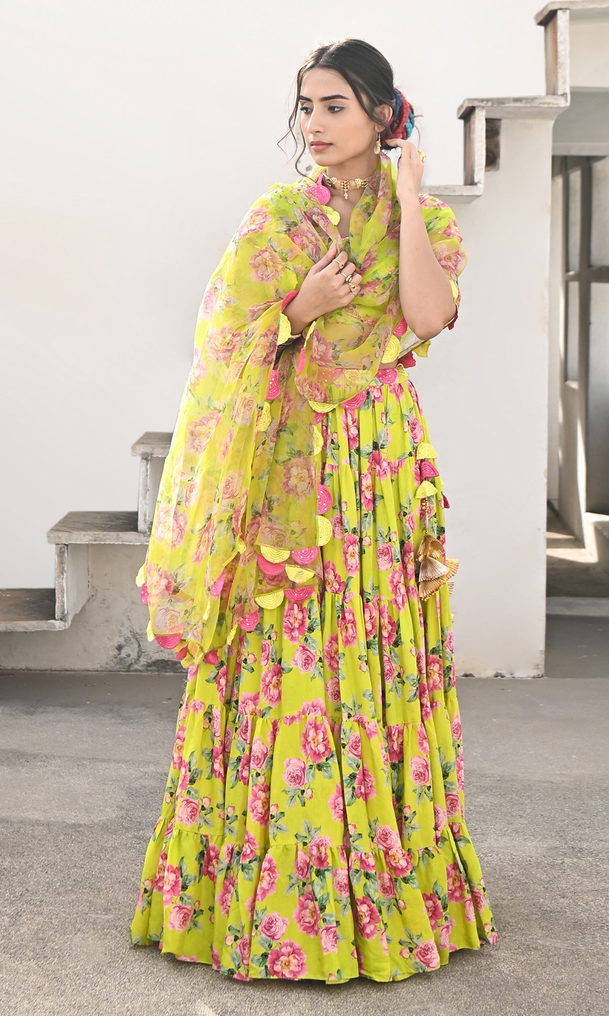 Falak Vol. 2 Neon Green Chooridar Sleeves Floral Blouse with Lehenga and Dupatta - Set of 3