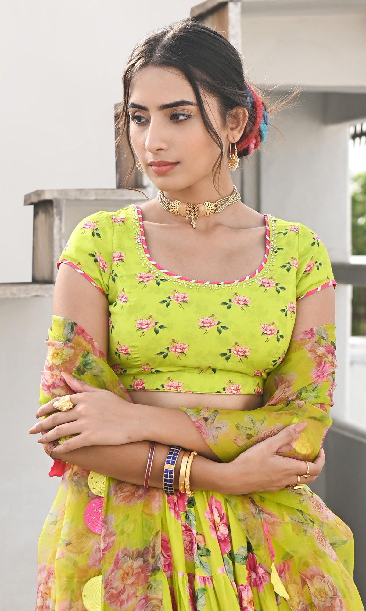 Falak Vol. 2 Neon Green Short Sleeve Blouse and Lehenga with Dupatta - Set of 3