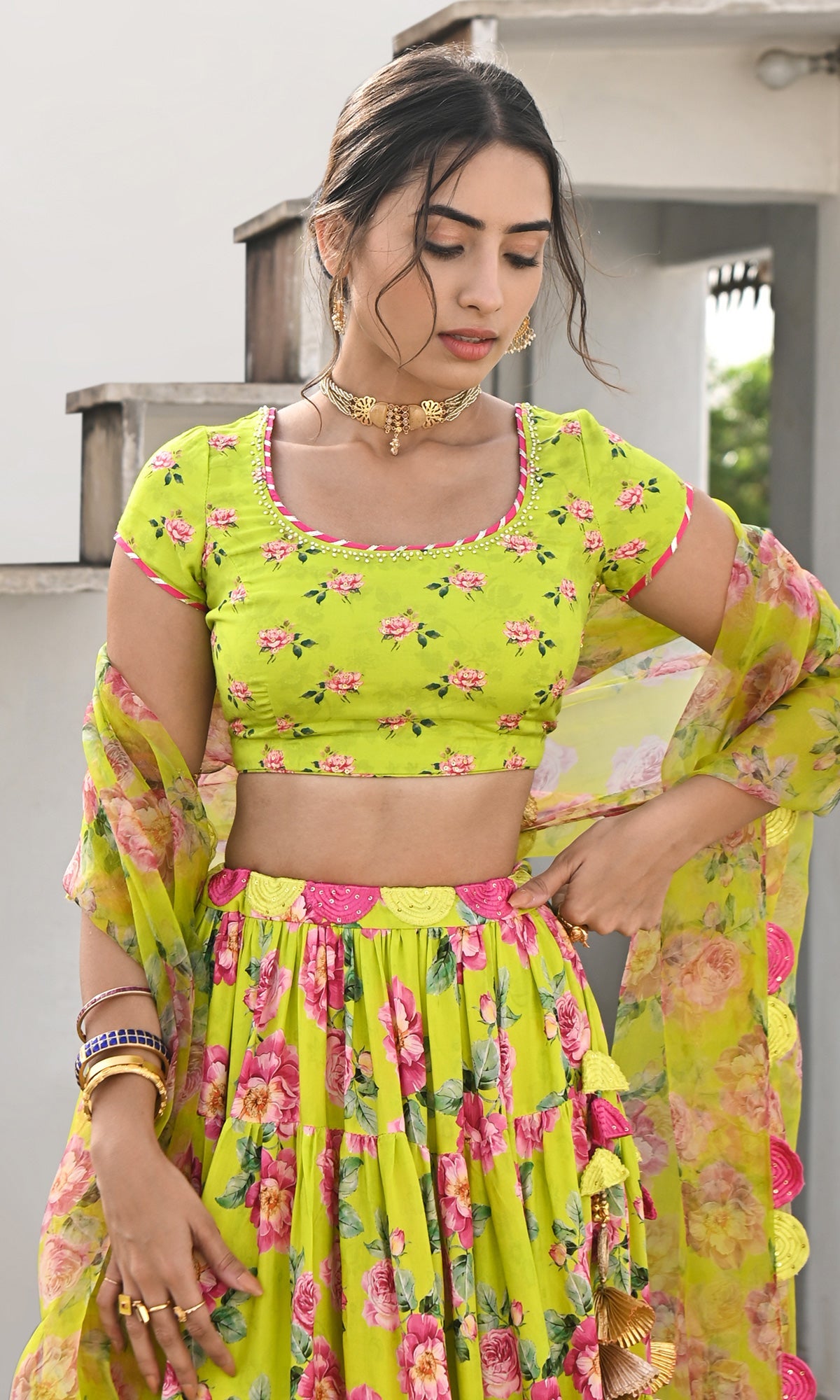 Falak Vol. 2 Neon Green Short Sleeve Blouse and Lehenga with Dupatta - Set of 3