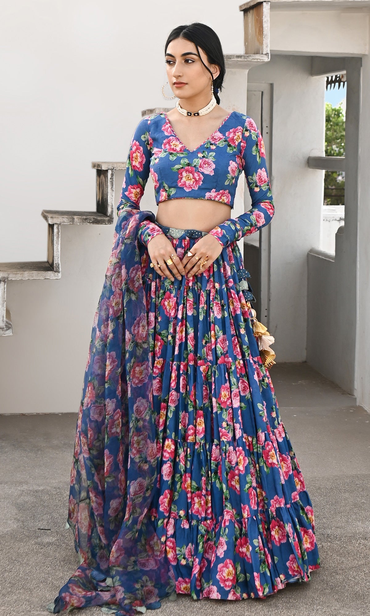Falak Vol. 2 Prussian Blue Chooridar Sleeves Floral Blouse with Lehenga and Dupatta - Set of 3