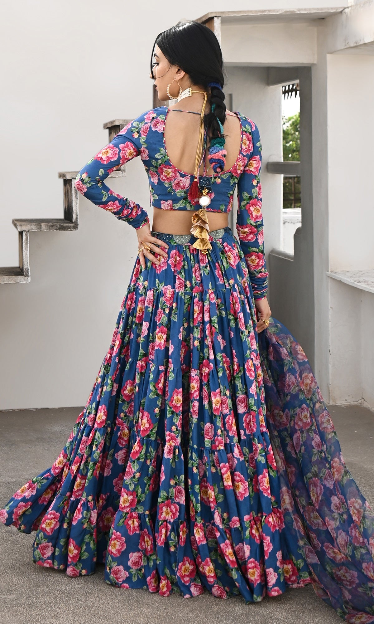 Falak Vol. 2 Prussian Blue Chooridar Sleeves Floral Blouse with Lehenga and Dupatta - Set of 3