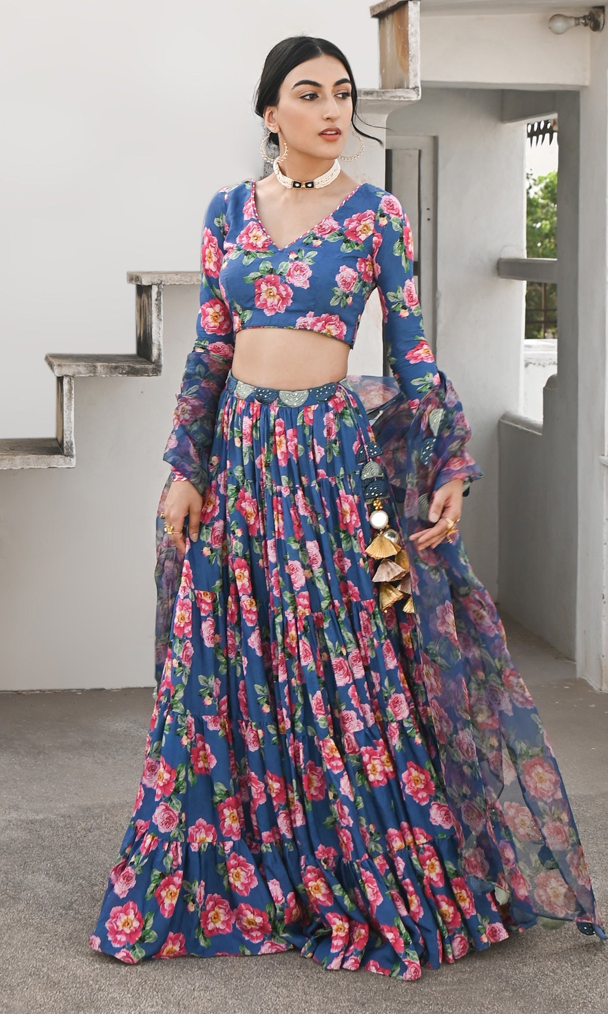 Falak Vol. 2 Prussian Blue Chooridar Sleeves Floral Blouse with Lehenga and Dupatta - Set of 3