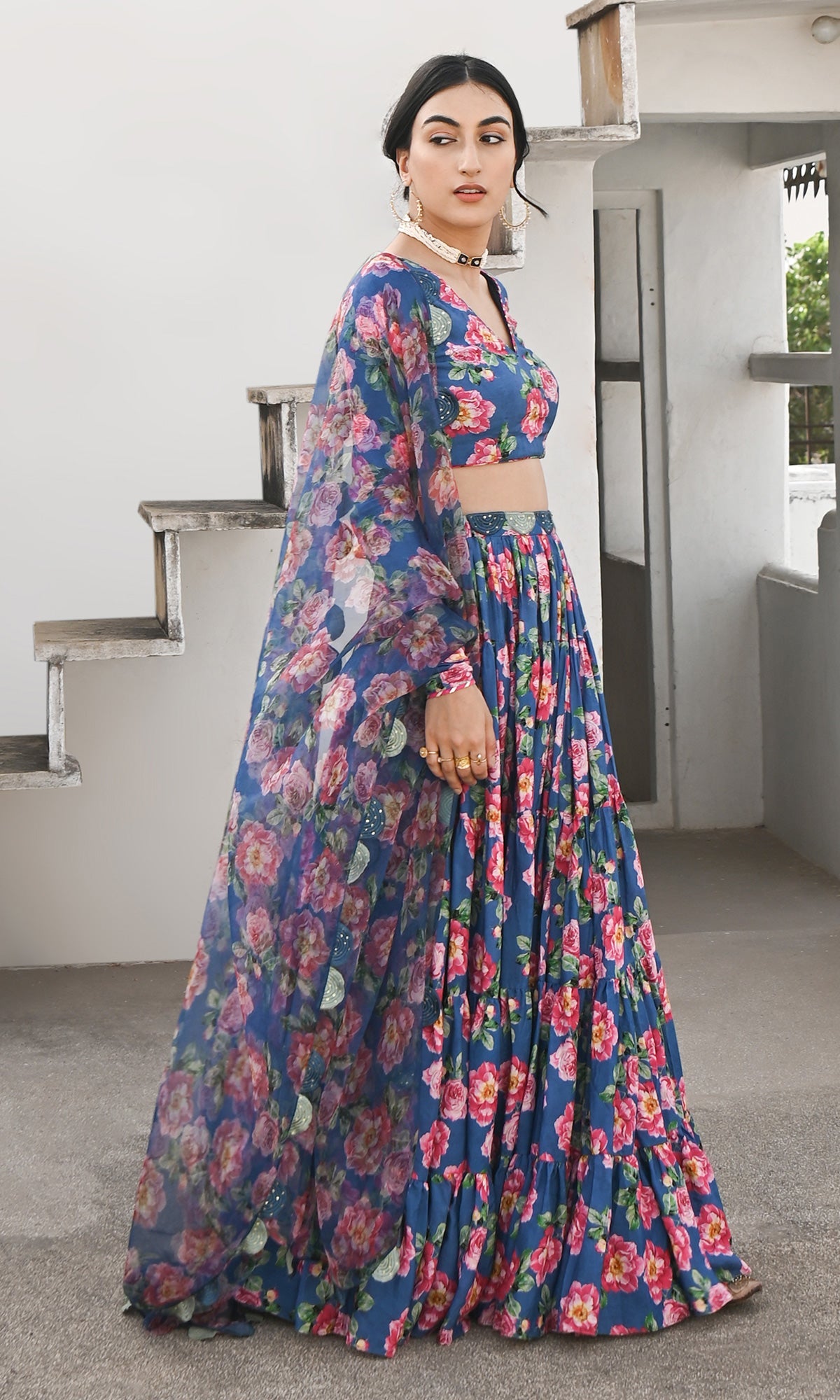 Falak Vol. 2 Prussian Blue Chooridar Sleeves Floral Blouse with Lehenga and Dupatta - Set of 3