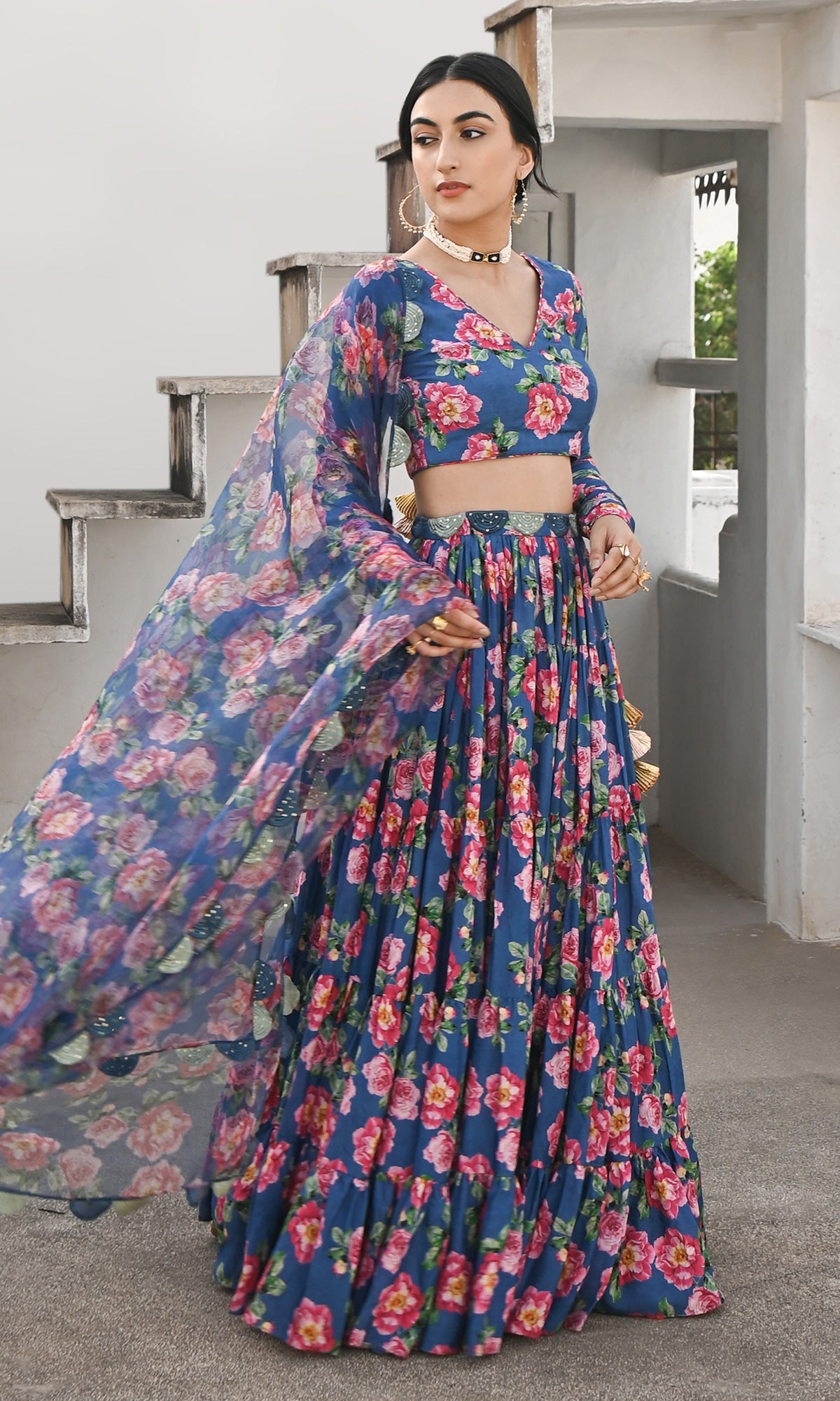 Falak Vol. 2 Prussian Blue Chooridar Sleeves Floral Blouse with Lehenga and Dupatta - Set of 3